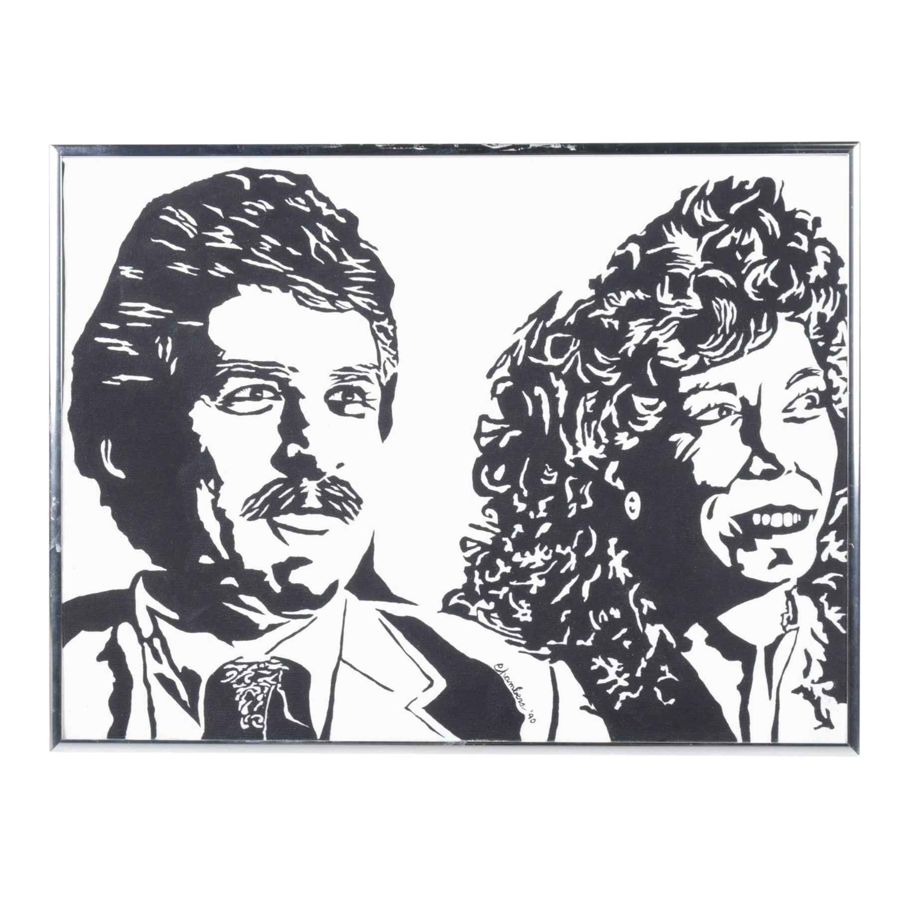 Don Chambers Black & White Acrylic Stencil Portrait of Man and Woman, 1990