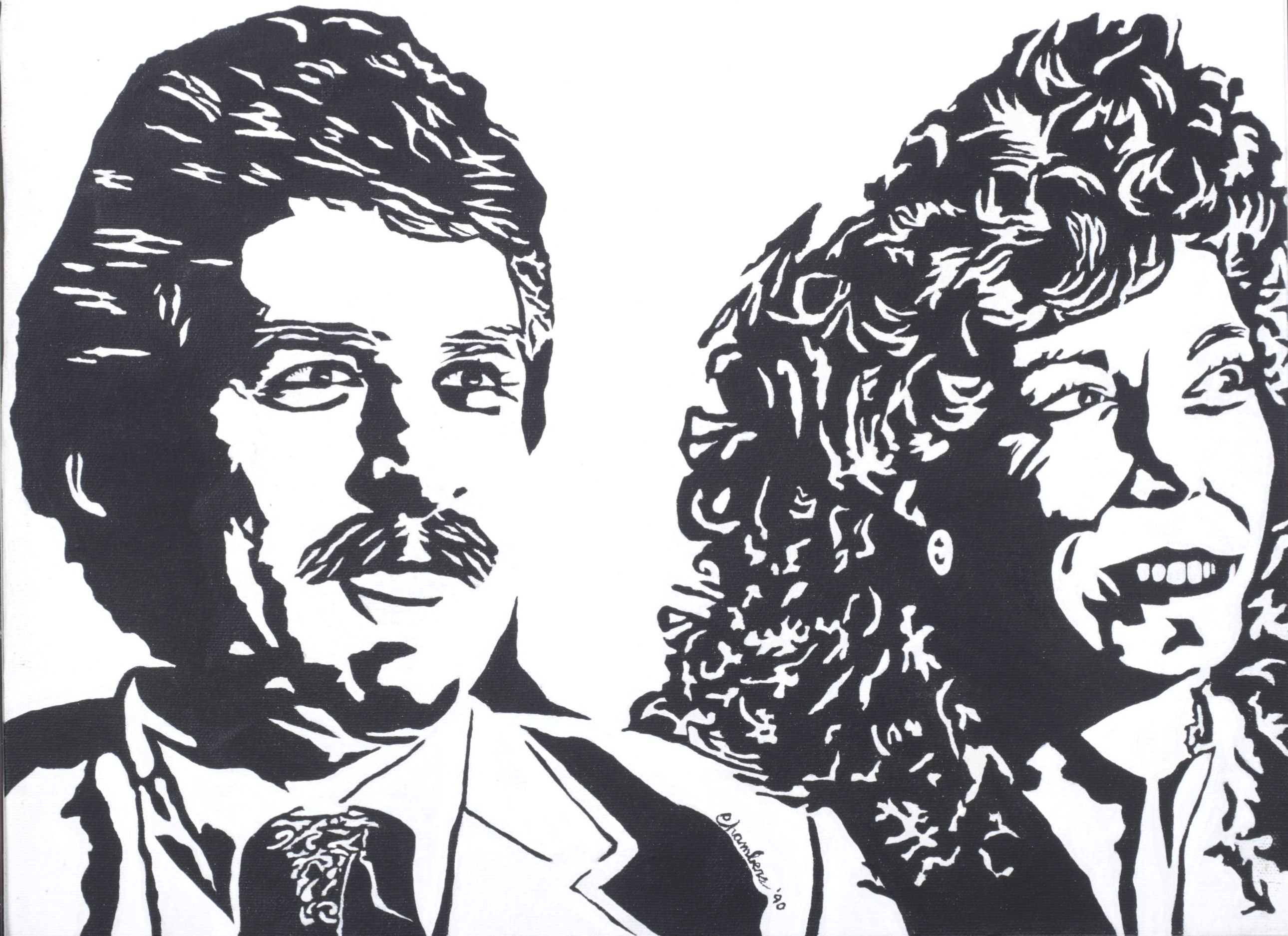 Don Chambers Black & White Acrylic Stencil Portrait of Man and Woman, 1990