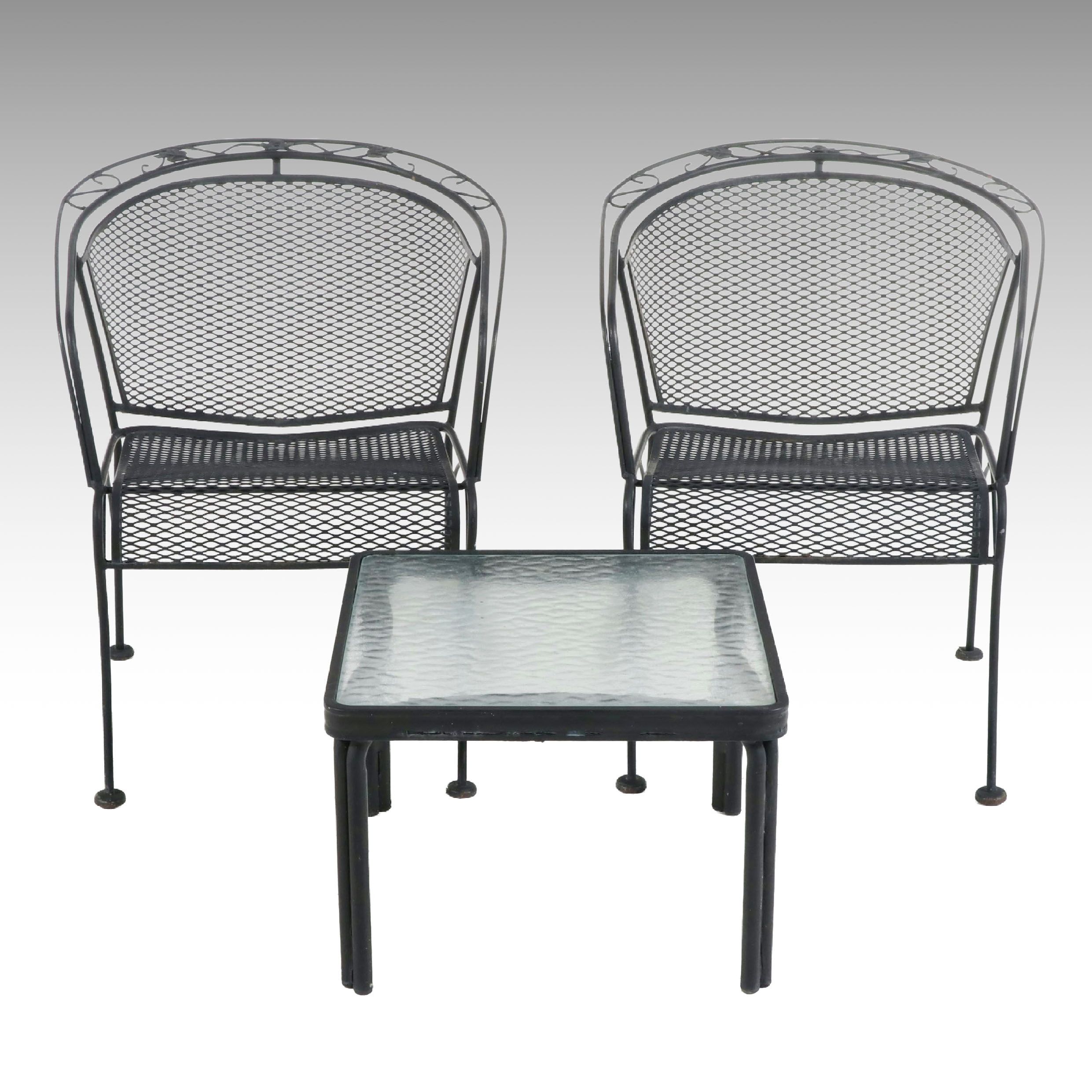 Pair of Wrought Iron Patio Chairs with Glass-Top Accent Table
