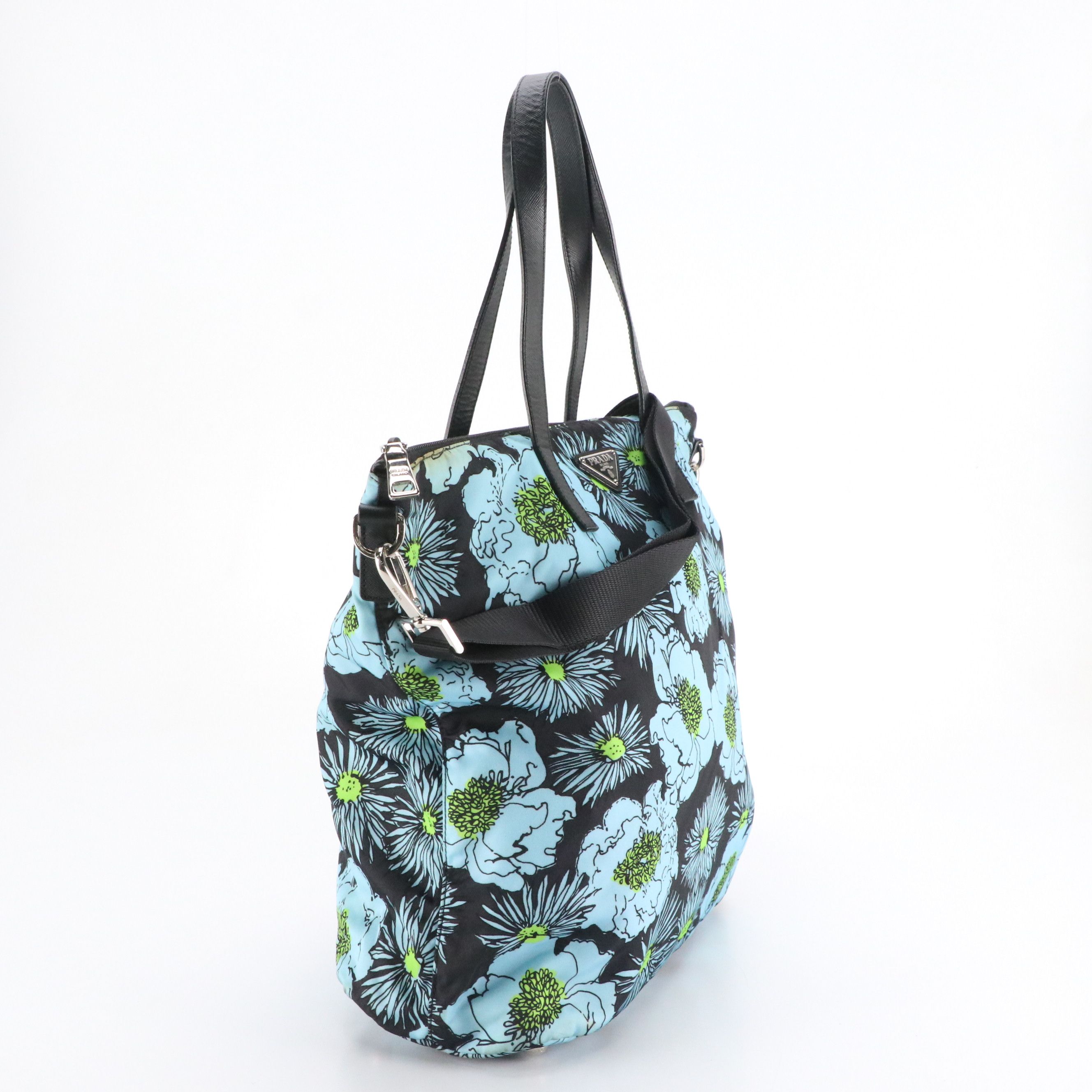 Prada Two-Way Zip Bag in Floral Stampato Tessuto Nylon & Black Saffiano Leather
