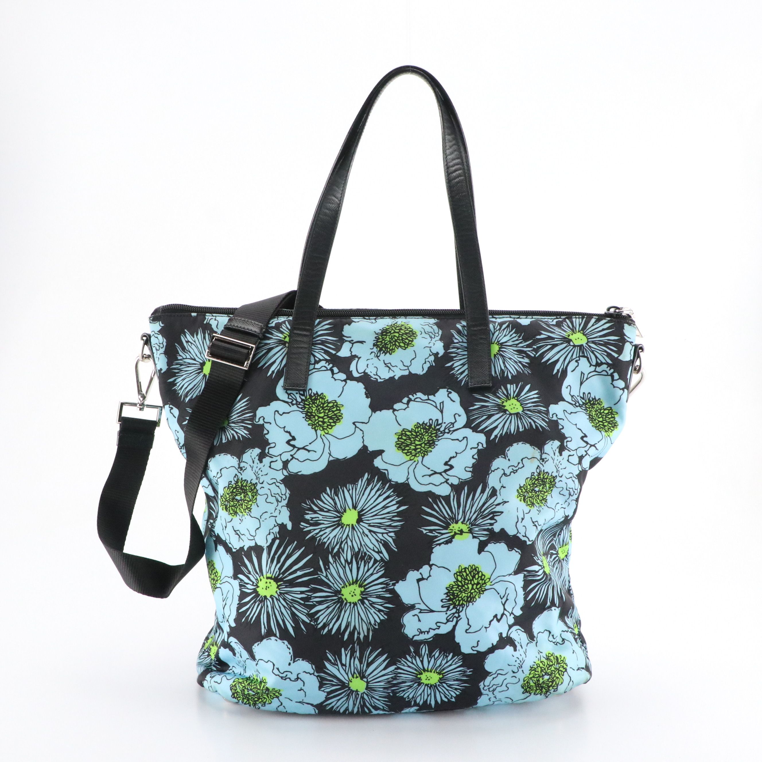 Prada Two-Way Zip Bag in Floral Stampato Tessuto Nylon & Black Saffiano Leather