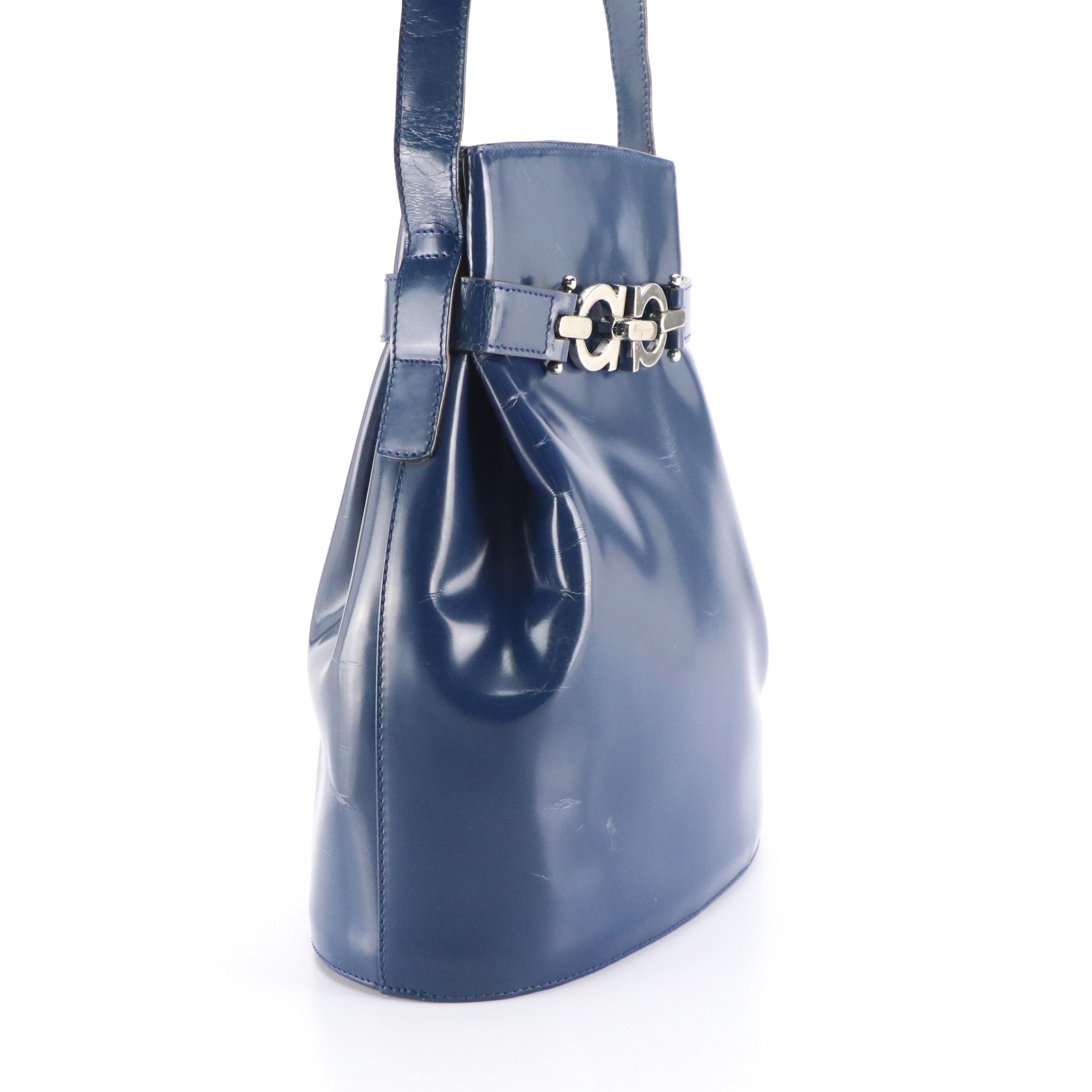 Salvatore Ferragamo Double Gancini Lock Bucket Bag in Blue Patent Leather