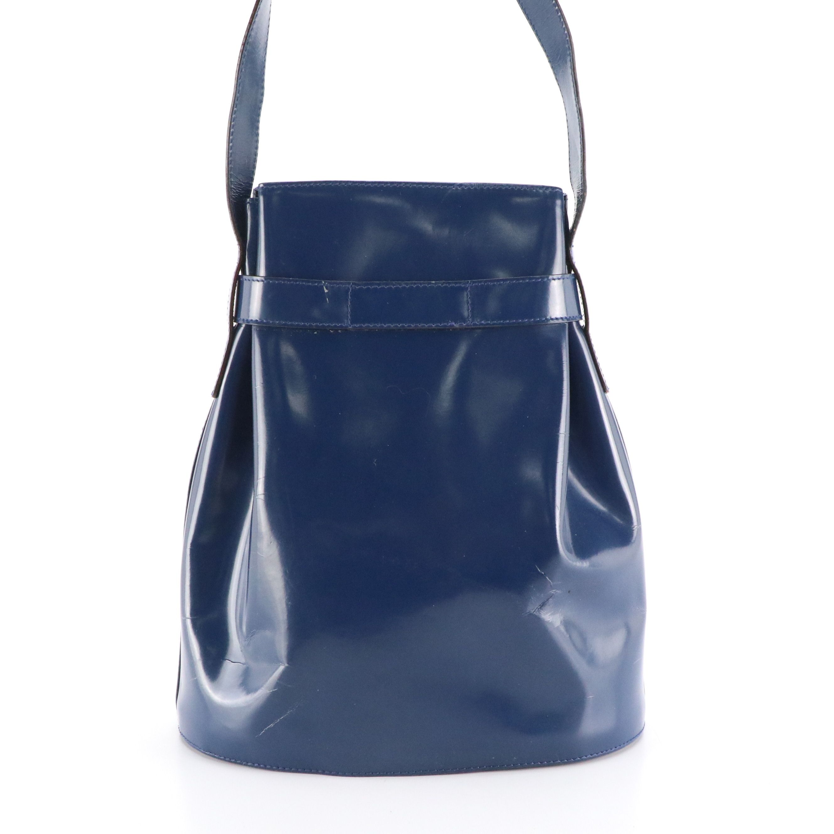 Salvatore Ferragamo Double Gancini Lock Bucket Bag in Blue Patent Leather