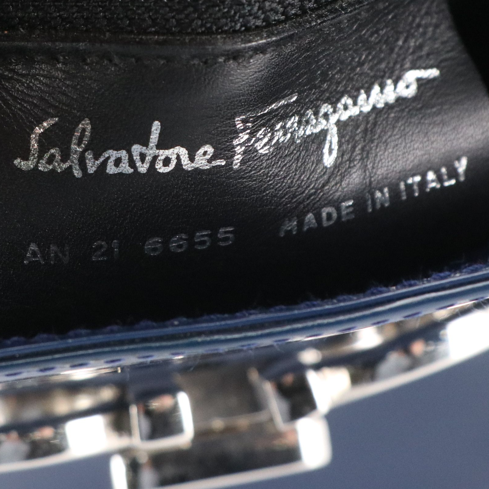 Salvatore Ferragamo Double Gancini Lock Bucket Bag in Blue Patent Leather