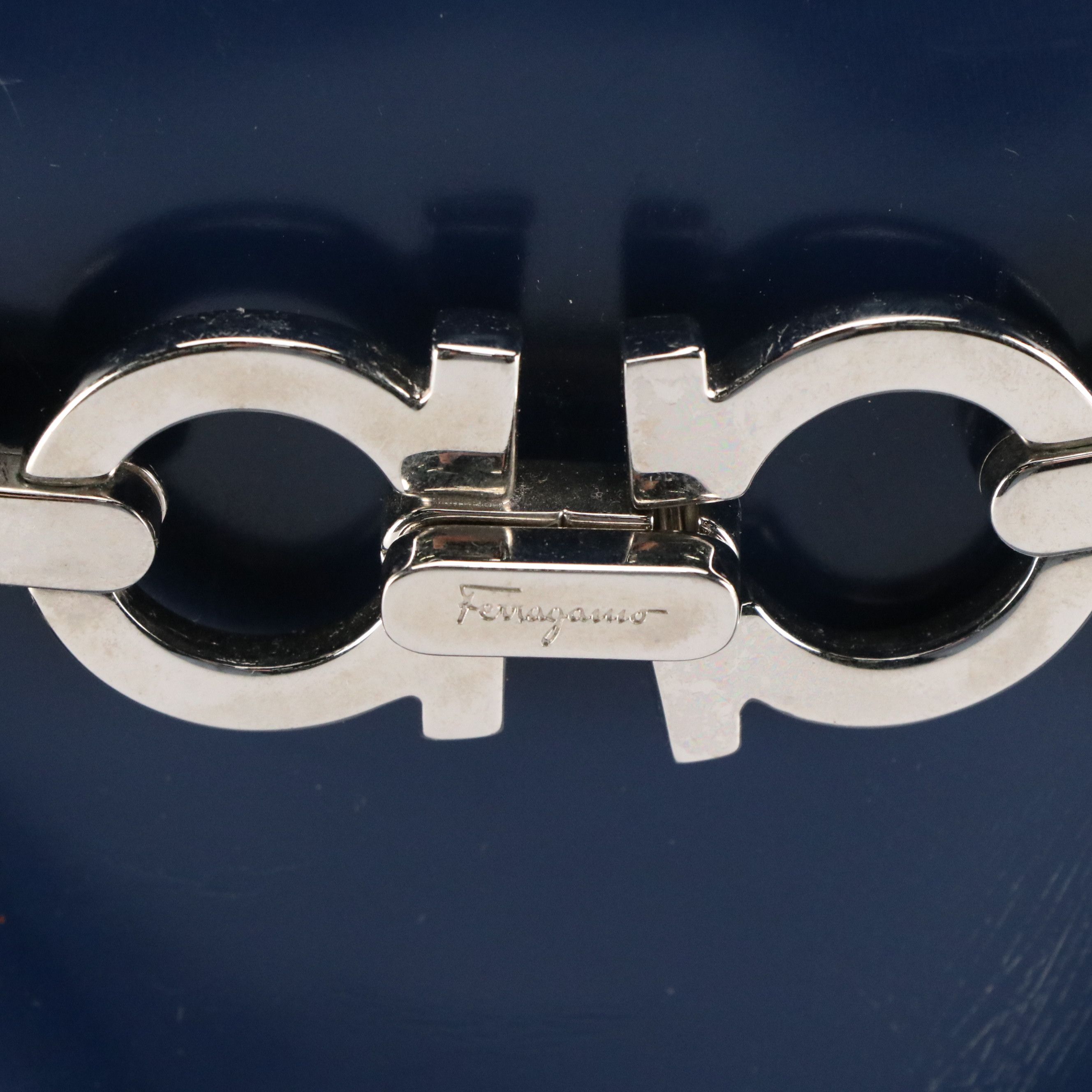 Salvatore Ferragamo Double Gancini Lock Bucket Bag in Blue Patent Leather