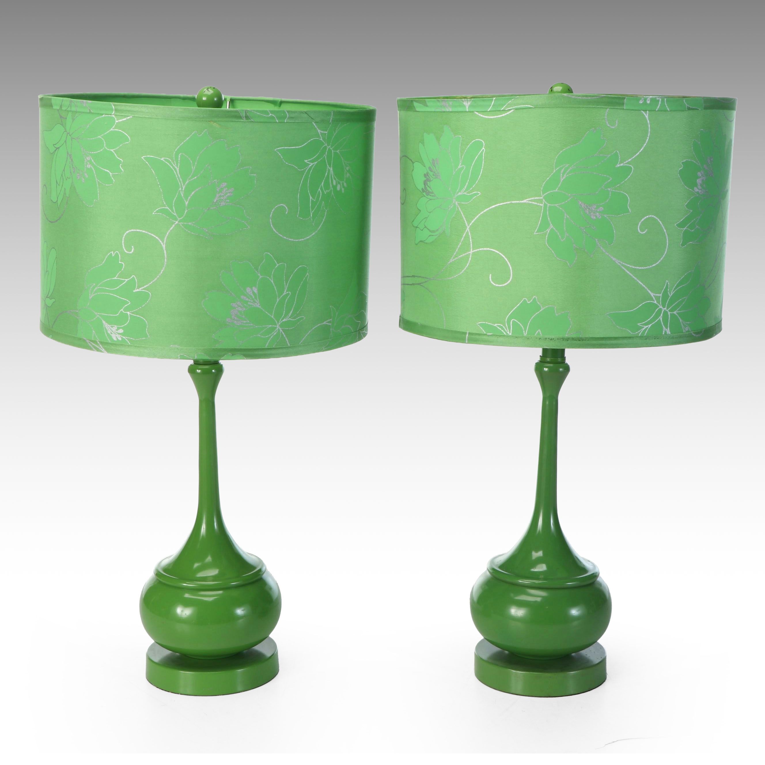 Kelly Green Metal Teardrop Bottle Table Lamps with Green Floral Silk Drum Shades