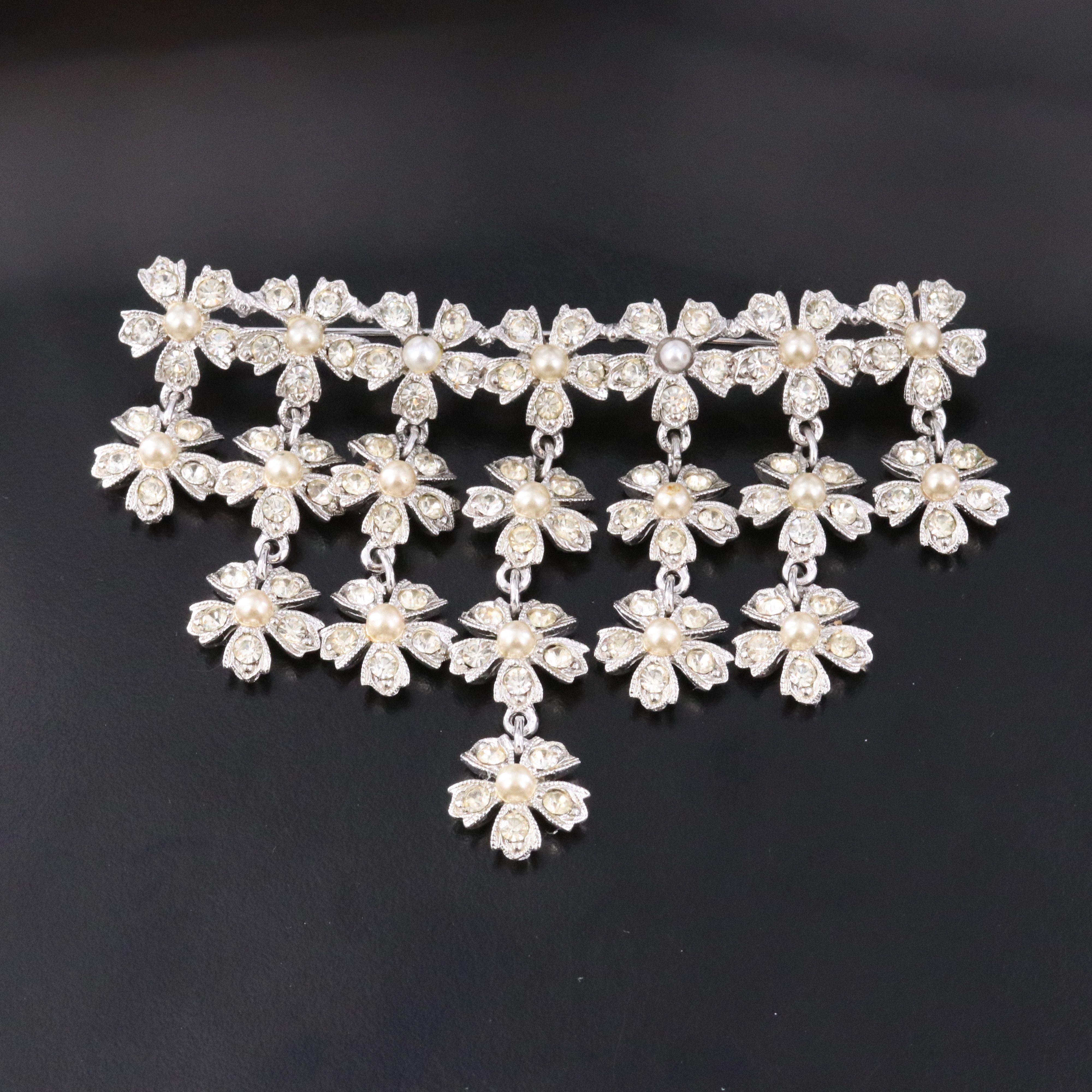 DeNicola Rhinestone & Faux Pearl Floral Fringe Brooch