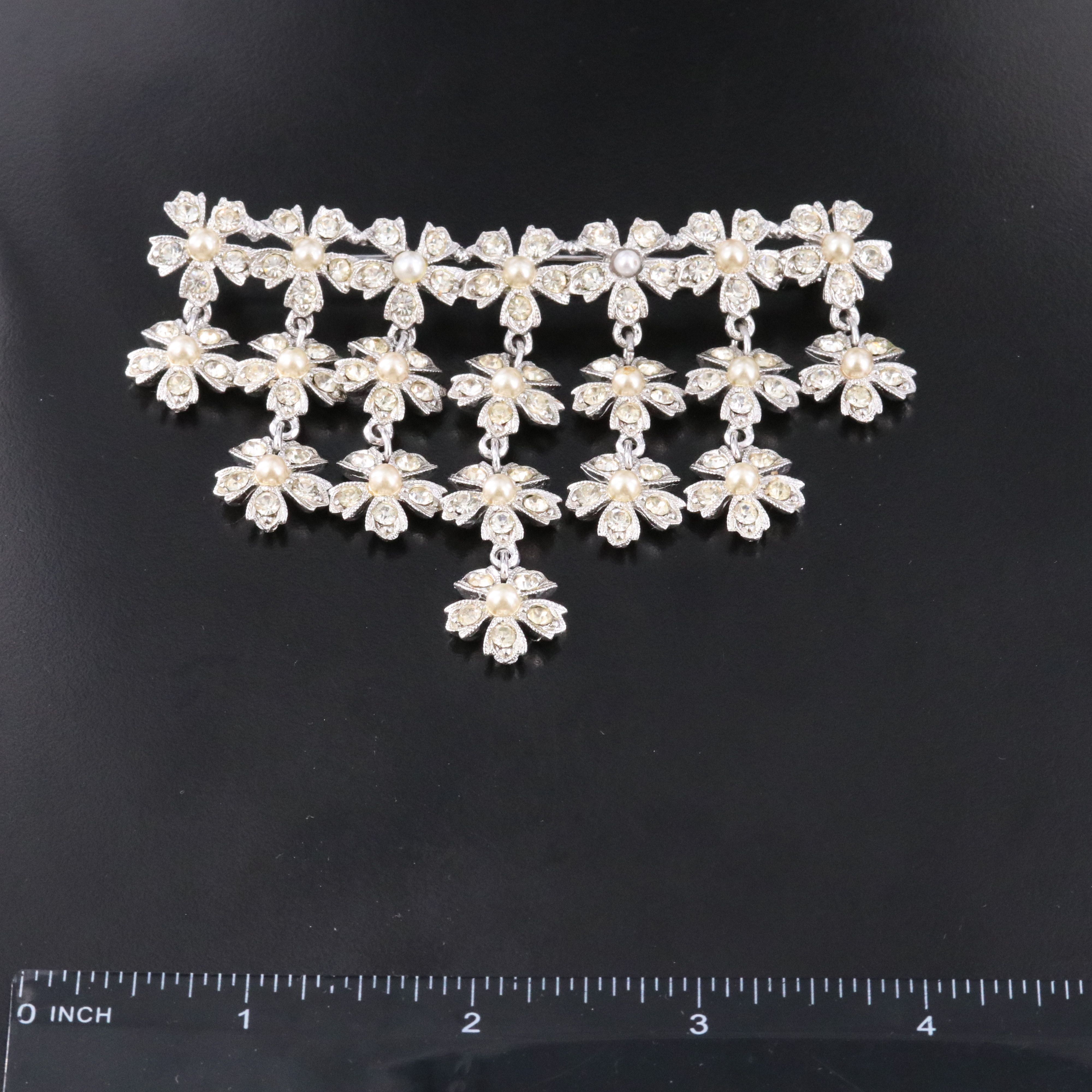 DeNicola Rhinestone & Faux Pearl Floral Fringe Brooch