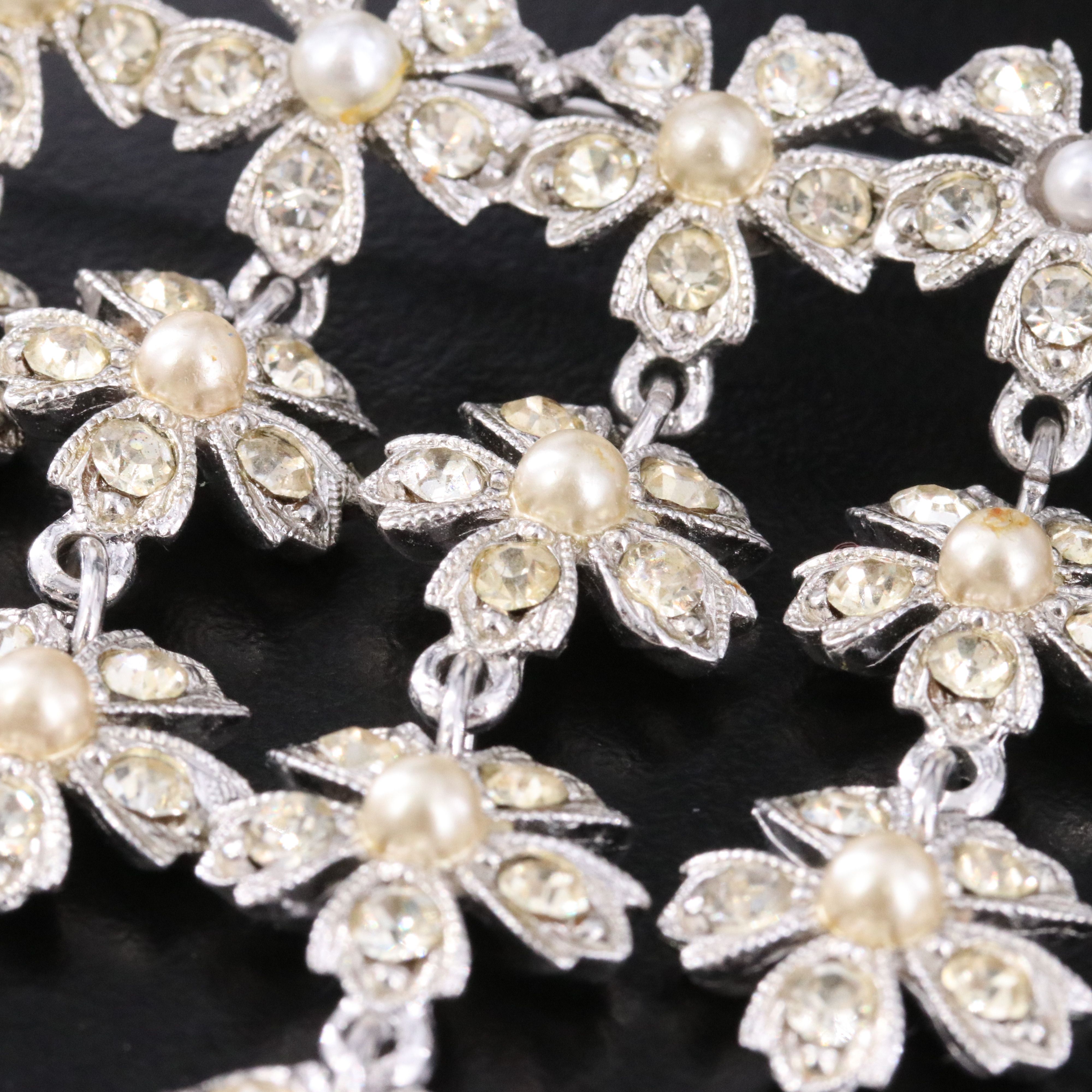 DeNicola Rhinestone & Faux Pearl Floral Fringe Brooch