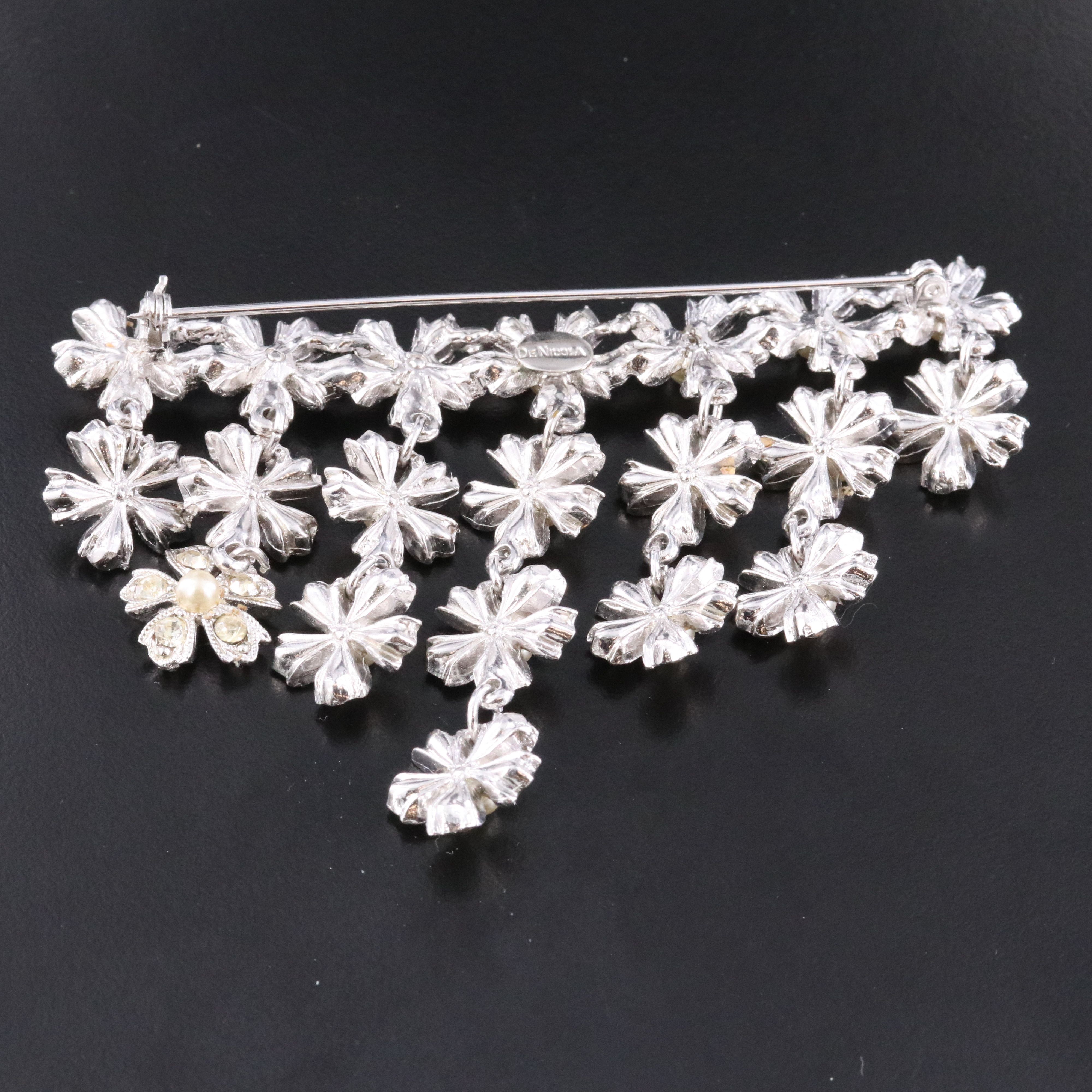 DeNicola Rhinestone & Faux Pearl Floral Fringe Brooch