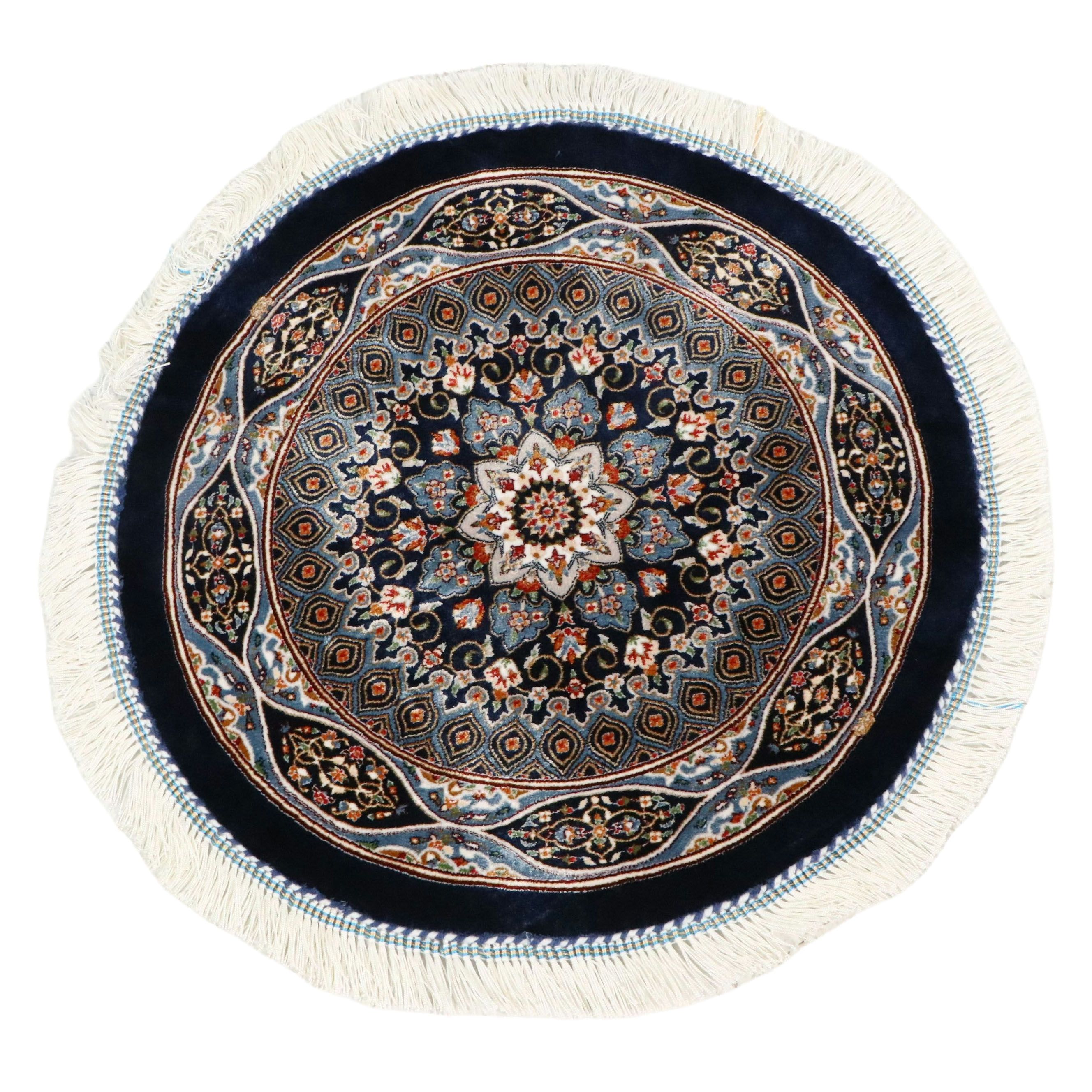 1'10 Round Machine Made Turkish Qom Silk Accent Rug