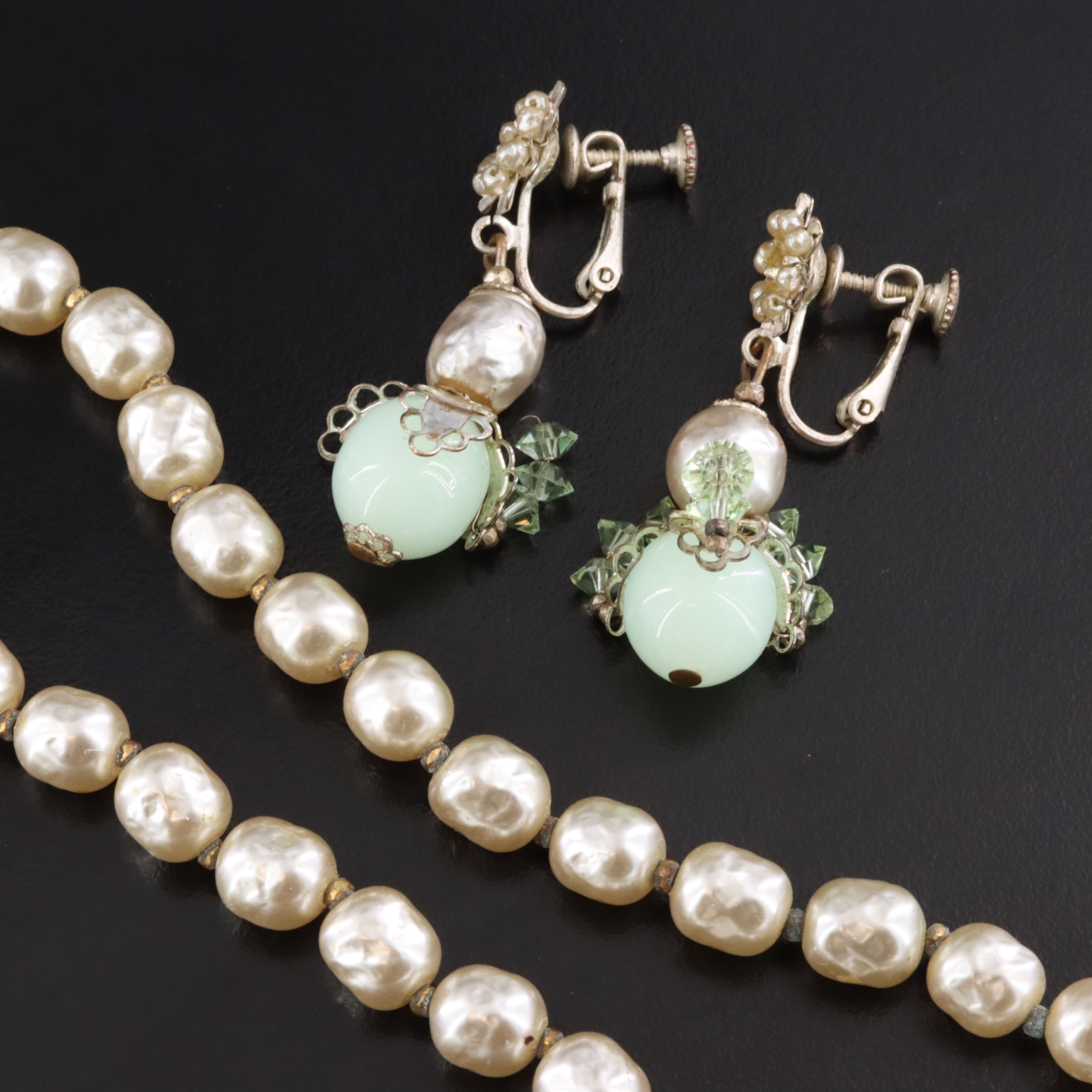 Miriam Haskell Faux Pearl Necklace and Glass Earrings, 1970s