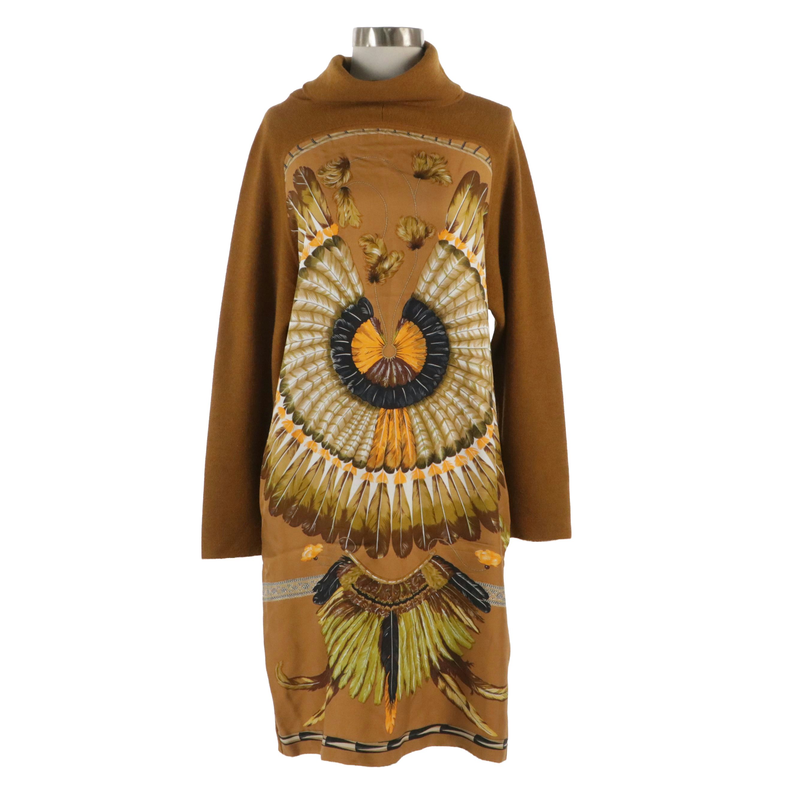 Hermès "Brazil" Cowl Neck Sweater Dress in Silk Twill and Knit Blend