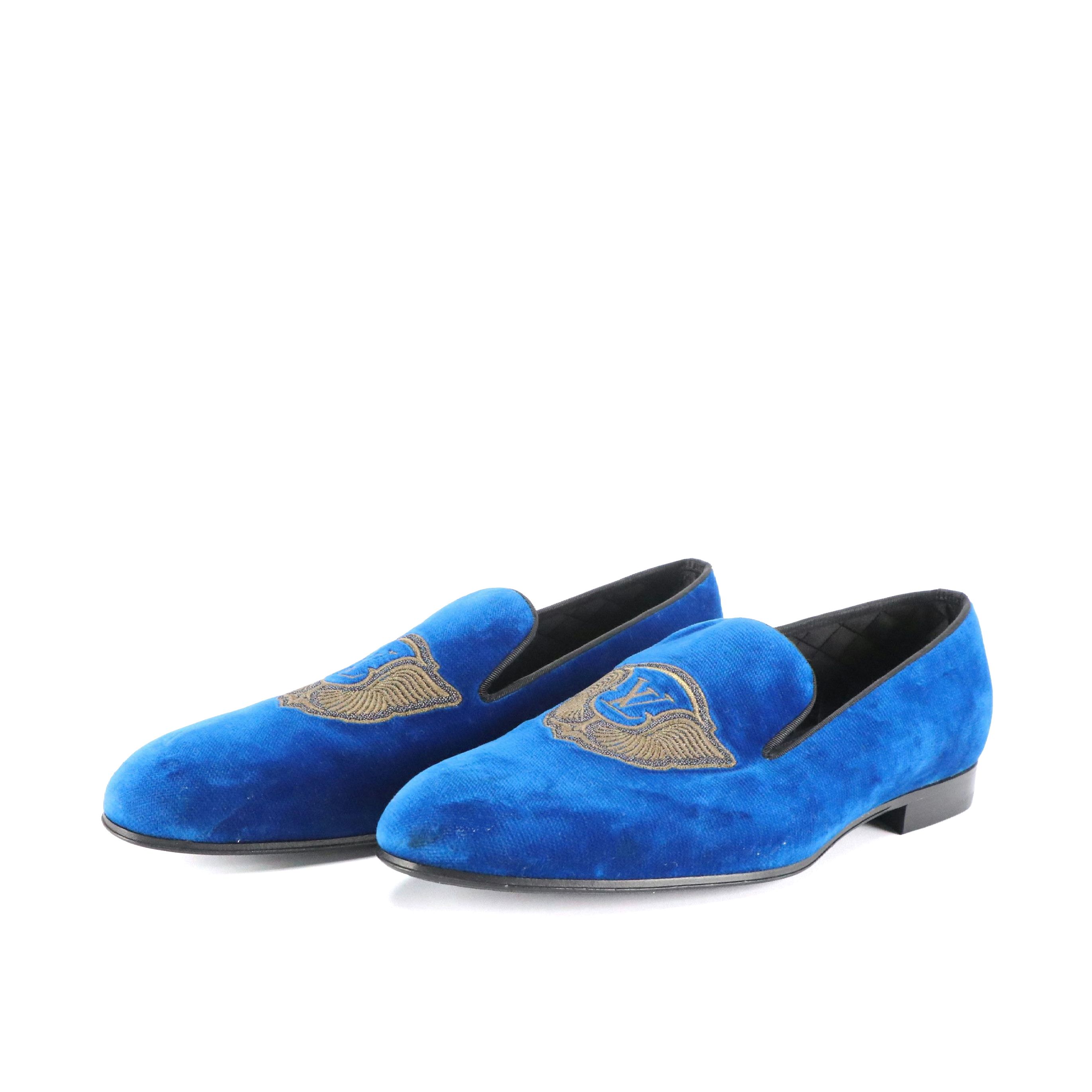 Men's Louis Vuitton Autueil Line Embroidered Moccasin Loafers in Blue Velvet