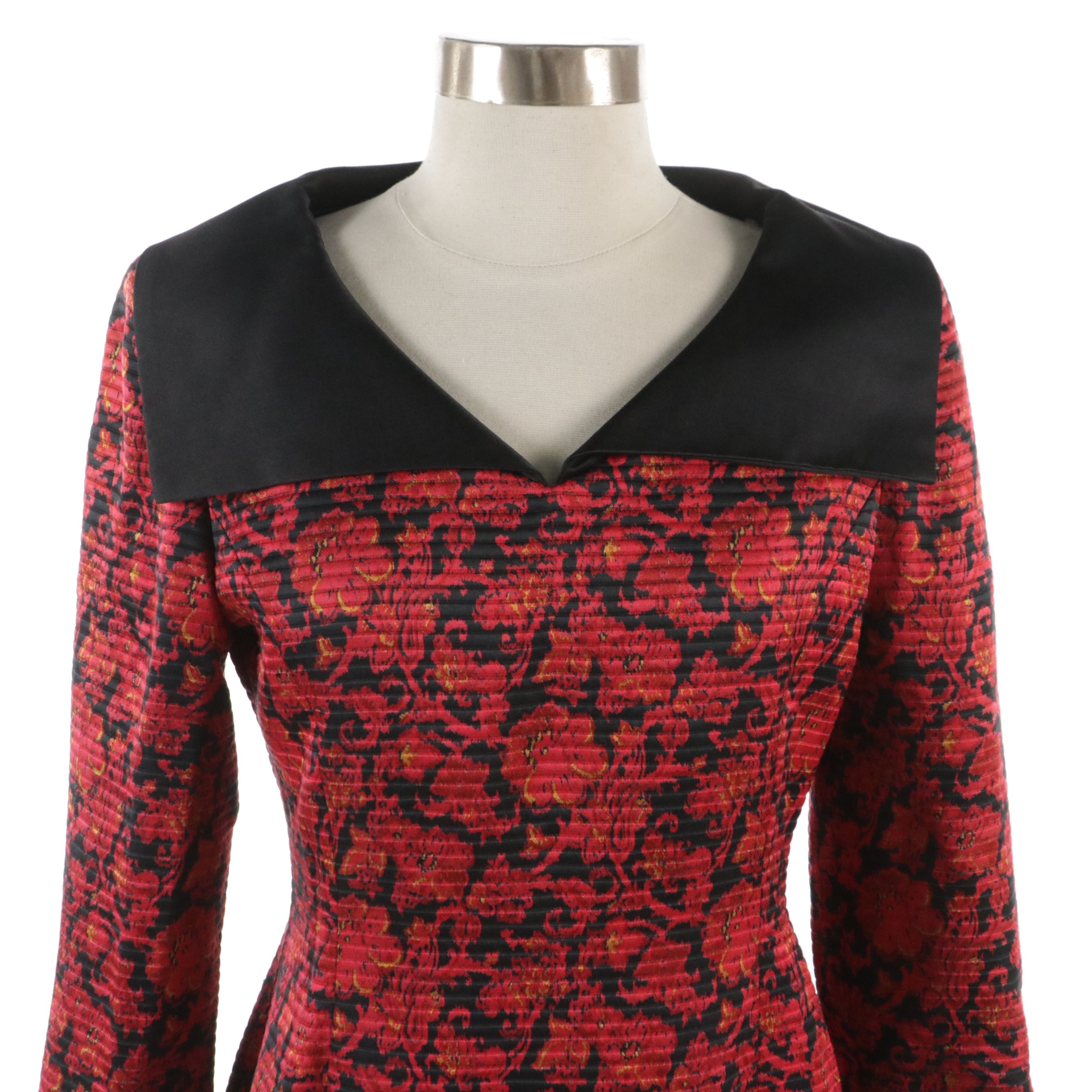 Christian Dior Printed Cocktail Dress with Black Silk Trim and Split Cuffs