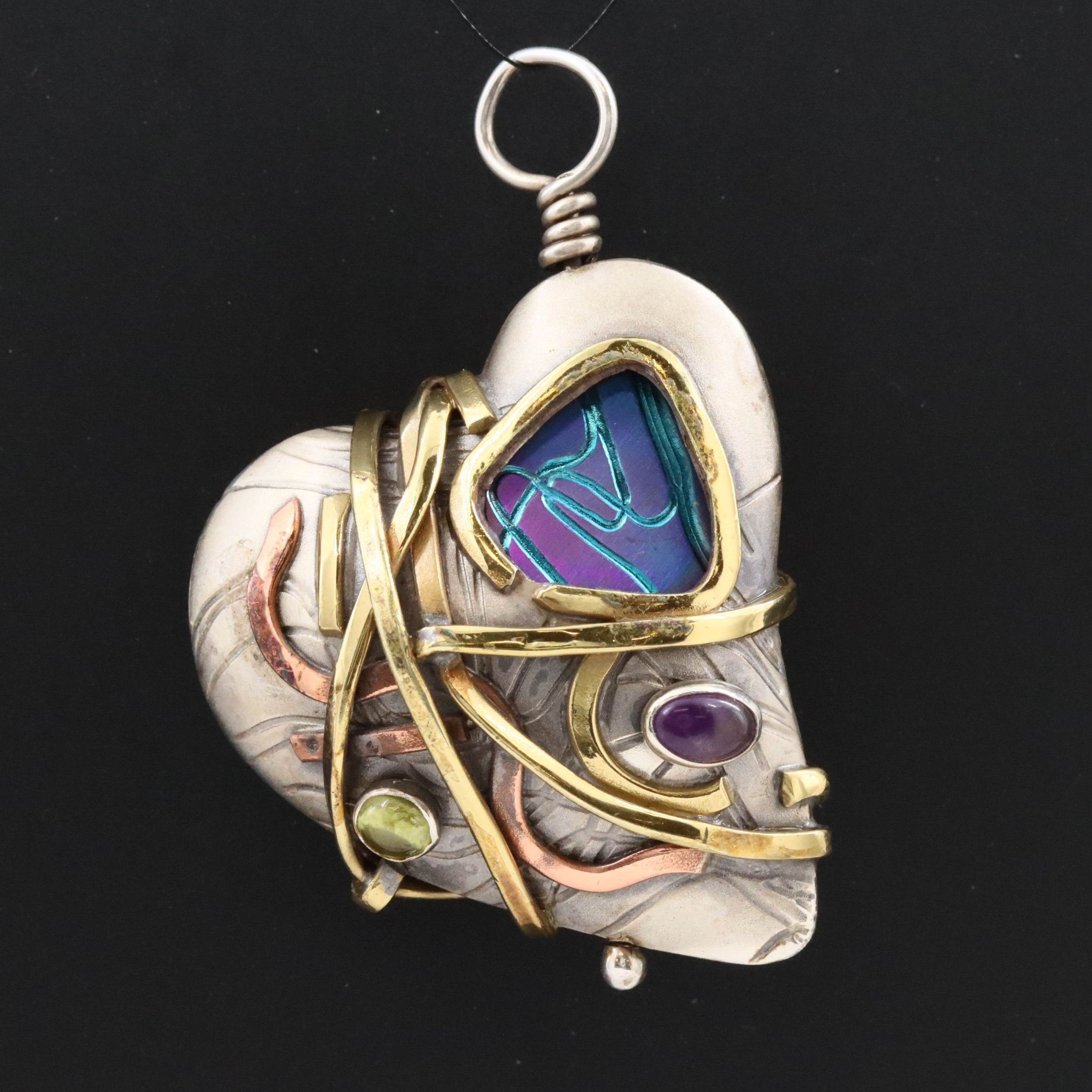 Sterling Puff Heart Pendant with Metal Wrapped  Detail