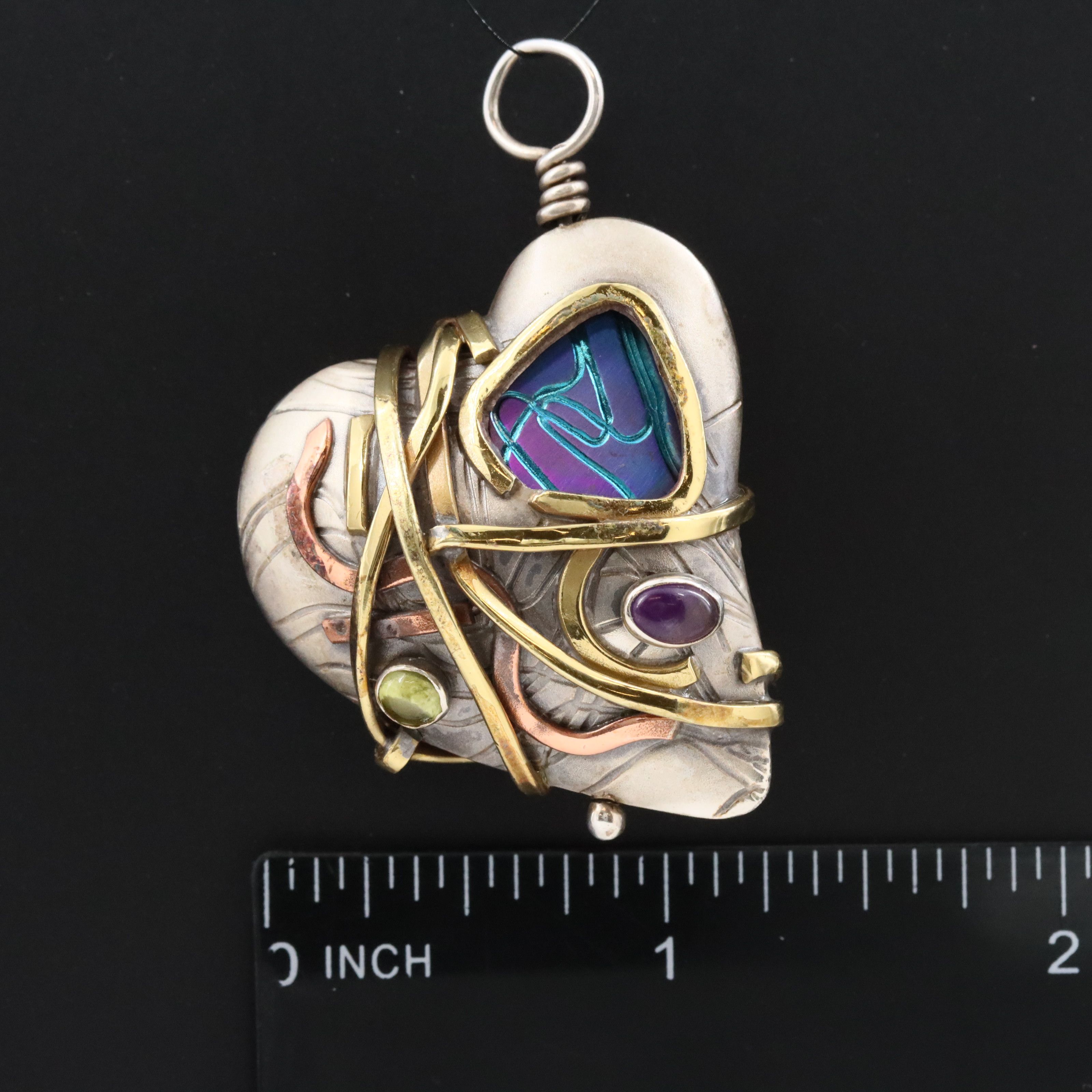 Sterling Puff Heart Pendant with Metal Wrapped  Detail