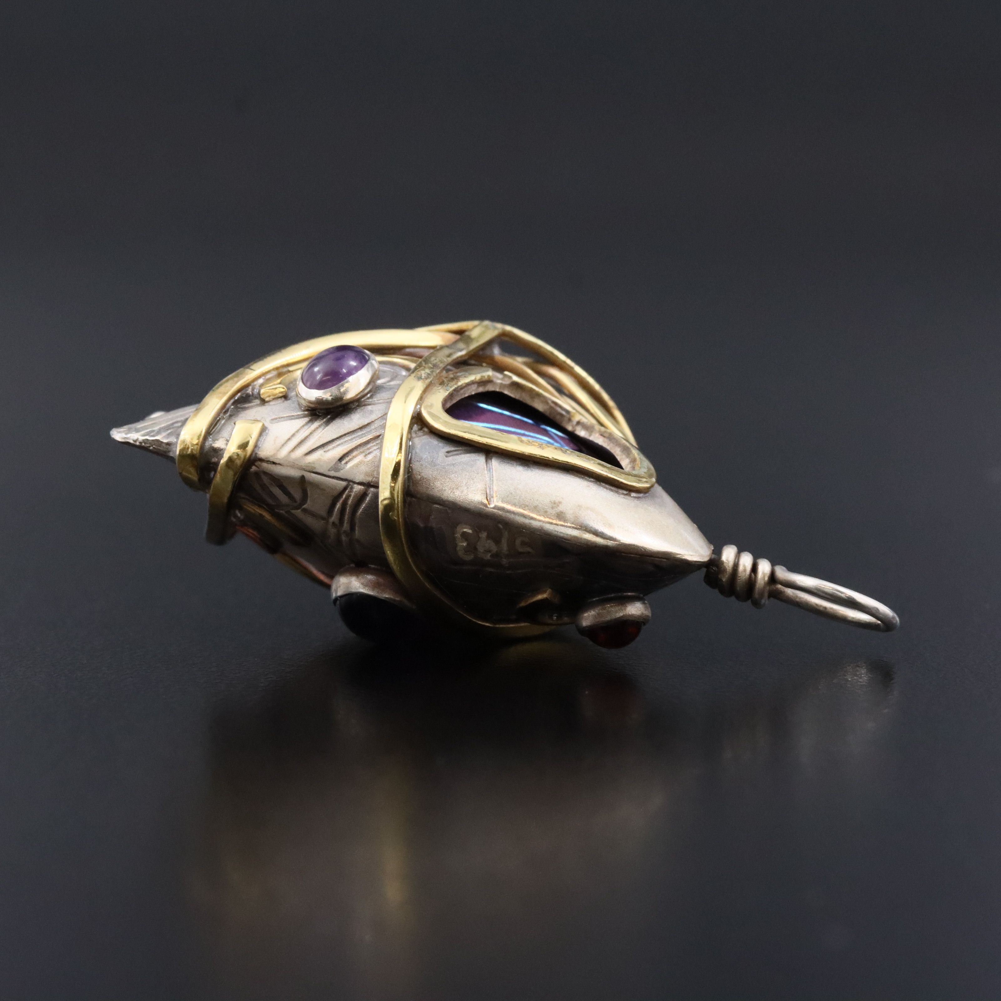 Sterling Puff Heart Pendant with Metal Wrapped  Detail