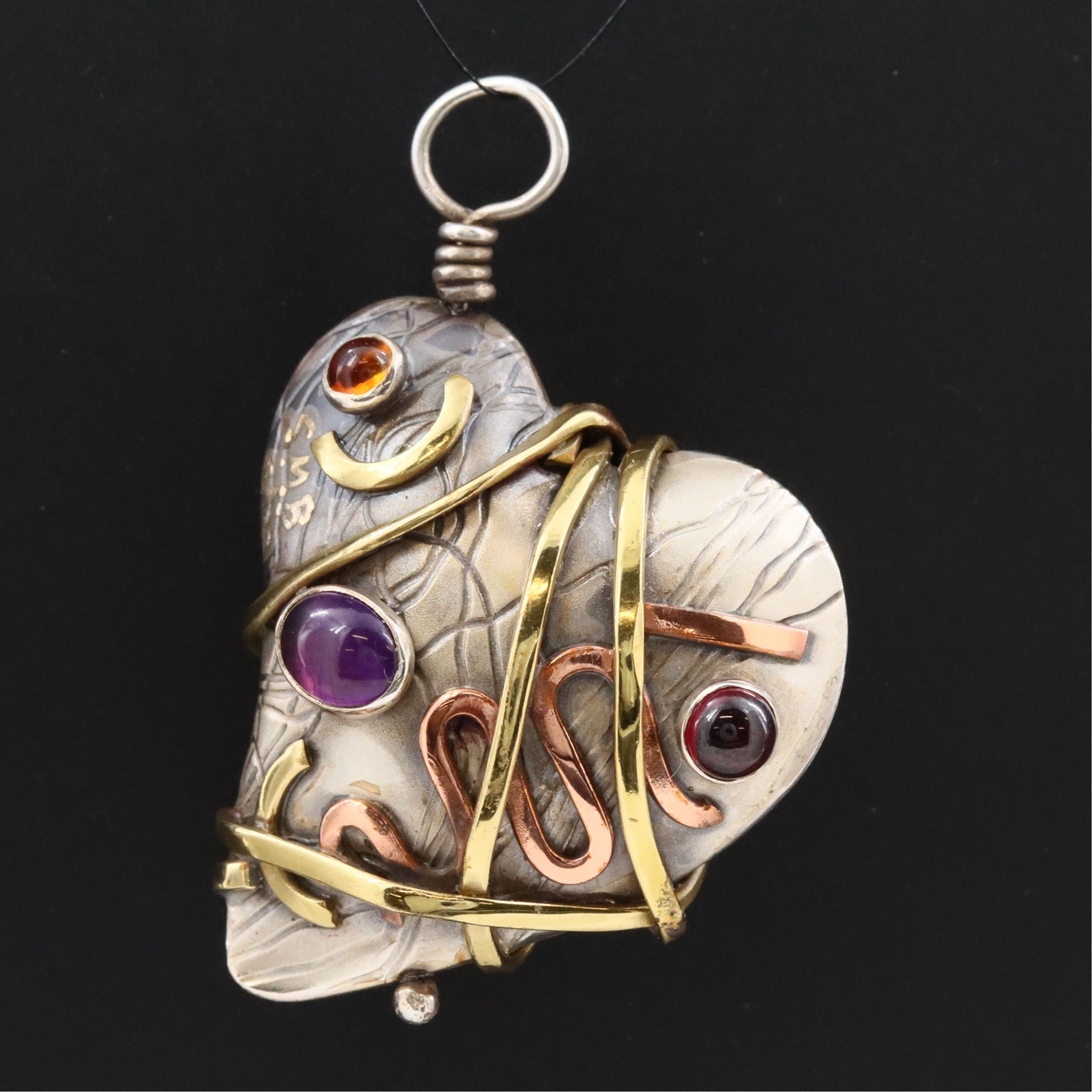 Sterling Puff Heart Pendant with Metal Wrapped  Detail