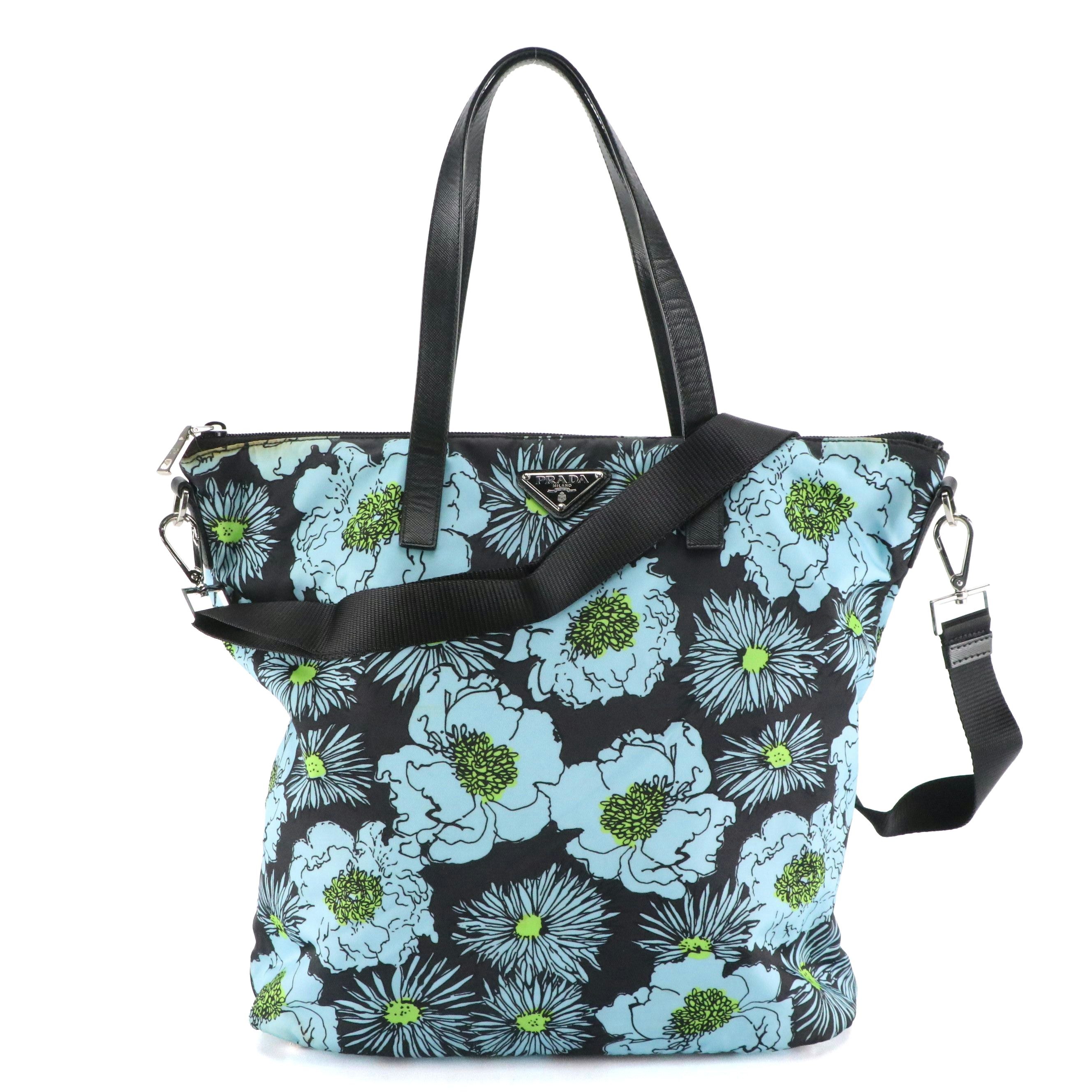 Prada Two-Way Zip Bag in Floral Stampato Tessuto Nylon & Black Saffiano Leather