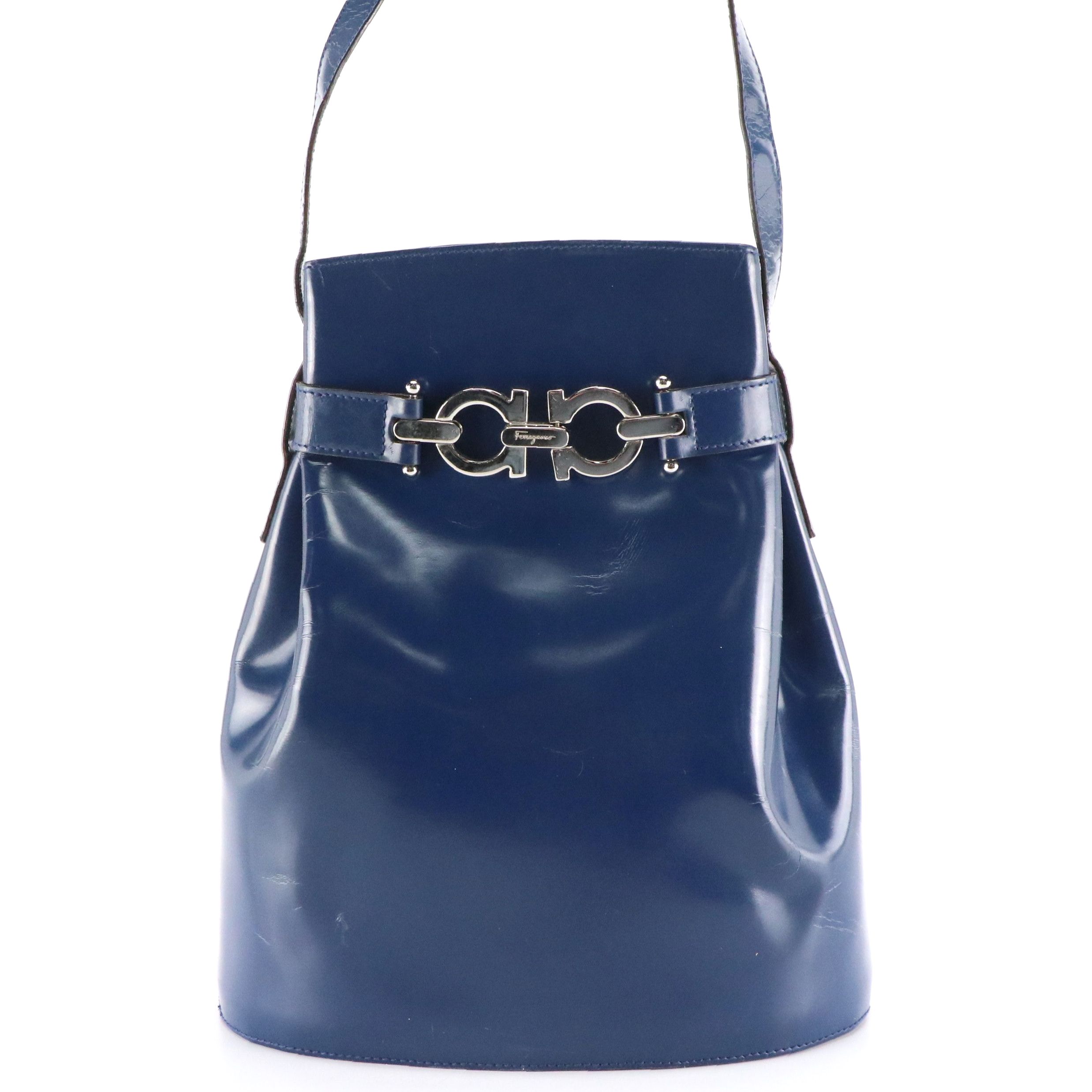 Salvatore Ferragamo Double Gancini Lock Bucket Bag in Blue Patent Leather
