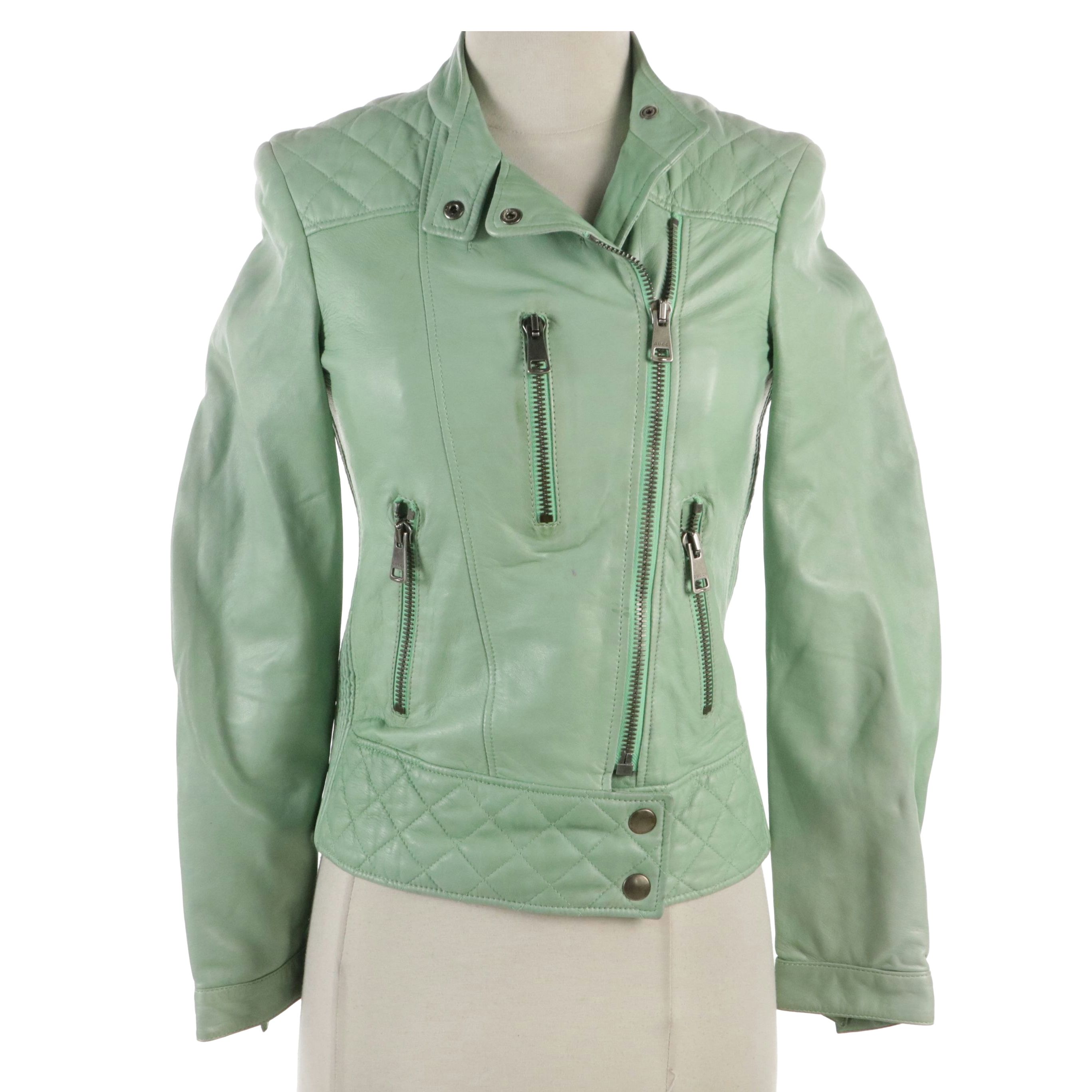 Gucci Biker Jacket in Mint Green Lambskin Leather