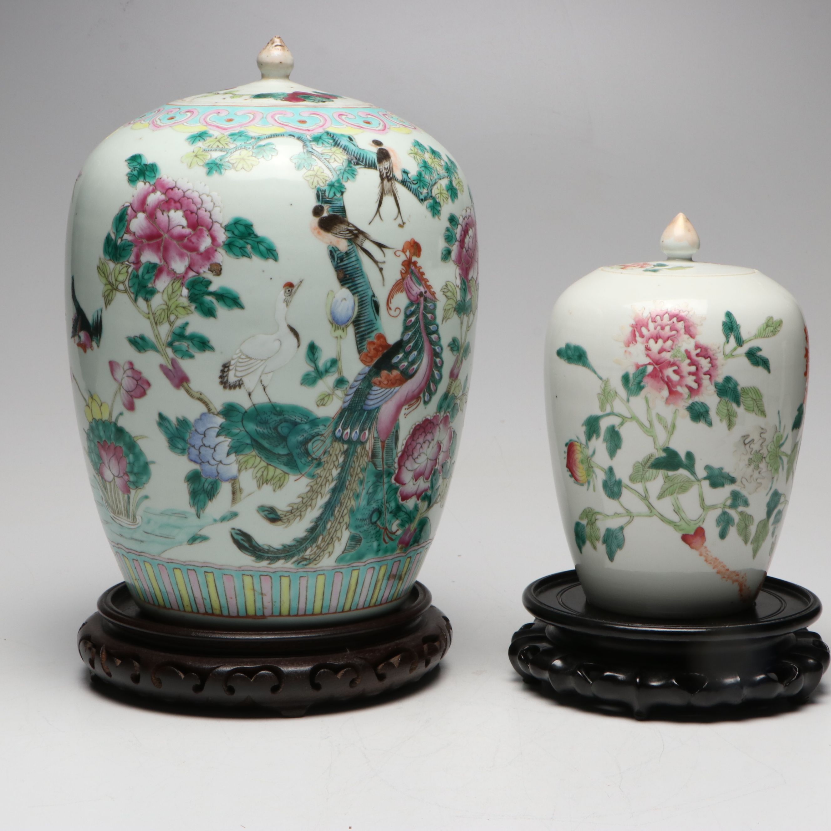 Chinese Famille Rose Porcelain Melon Jars with Wood Pedestals
