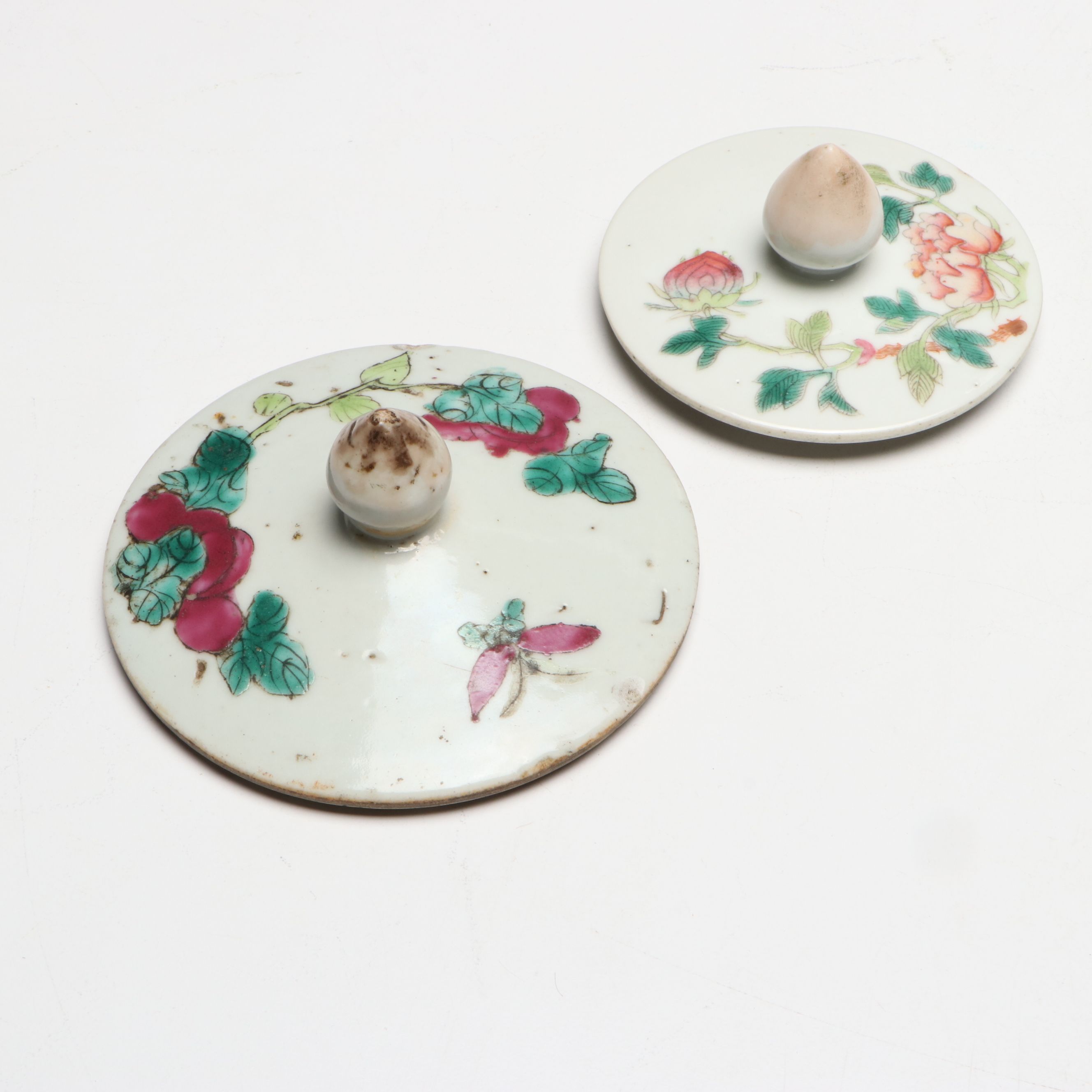 Chinese Famille Rose Porcelain Melon Jars with Wood Pedestals