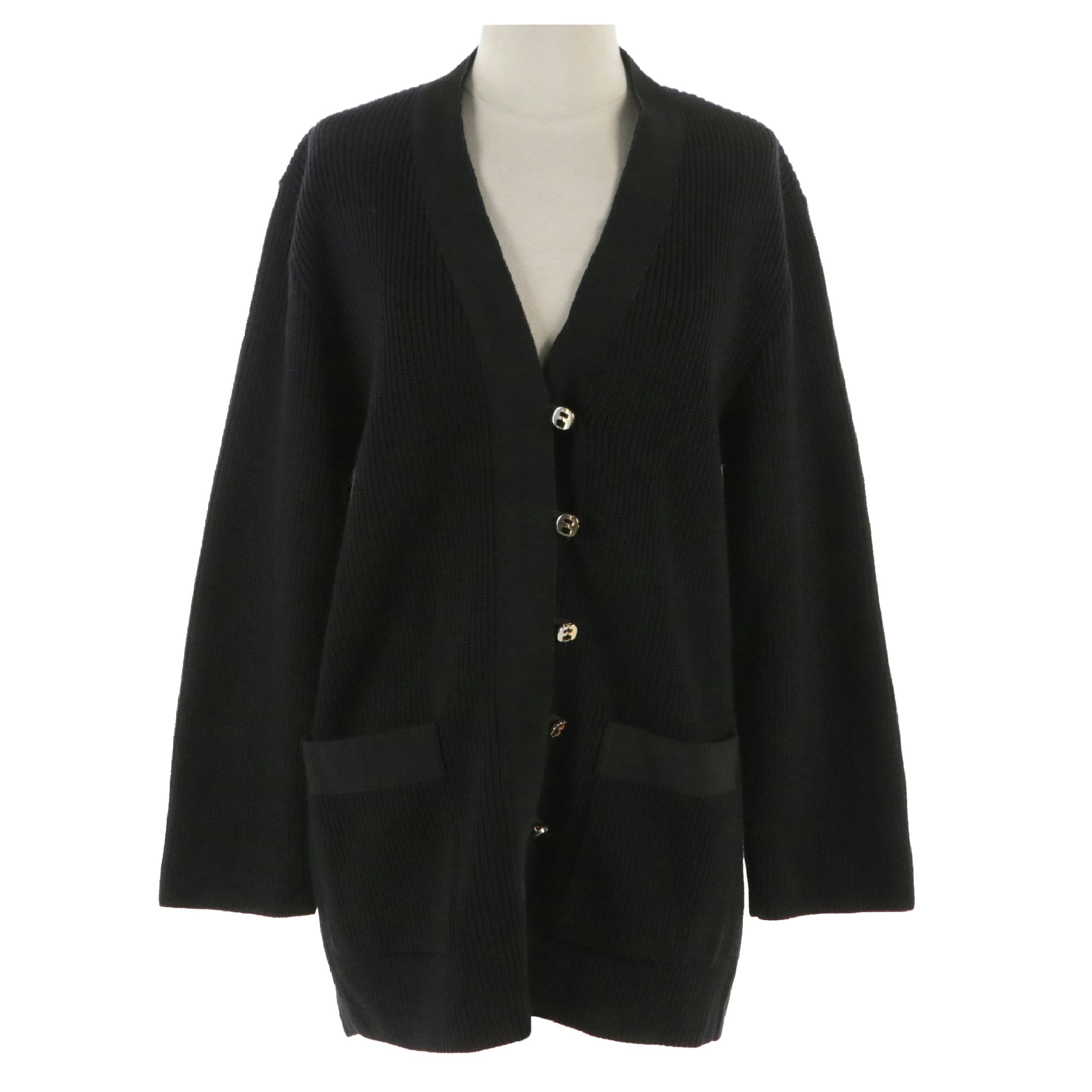 Salvatore Ferragamo Ribbon-Trim Rib Knit Wool Cardigan
