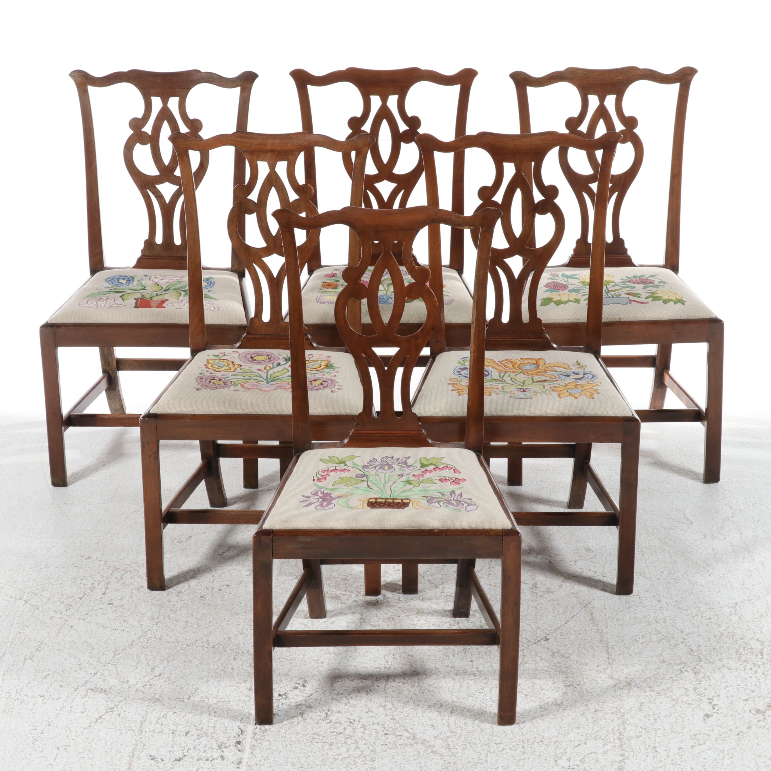 Set of Six George II Style Mahogany Dining Chairs with Needlepoint Seats