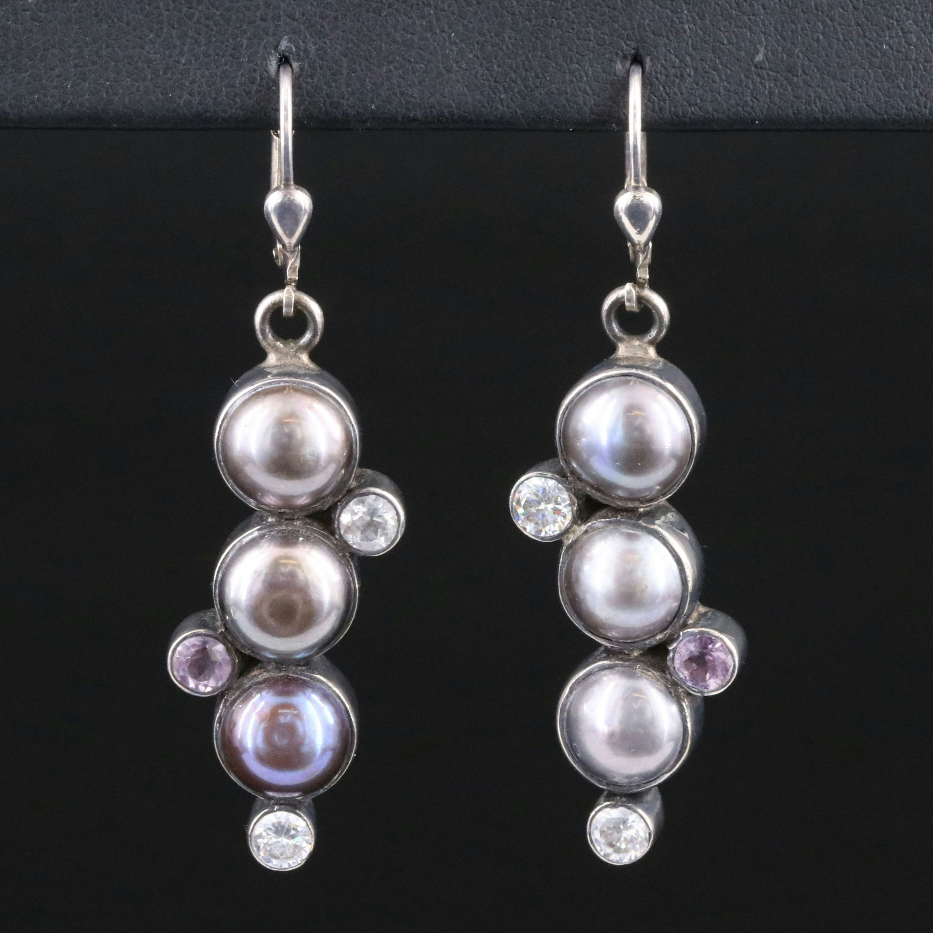 Sterling Pearl, Amethyst, and CZ Dangle Earrings