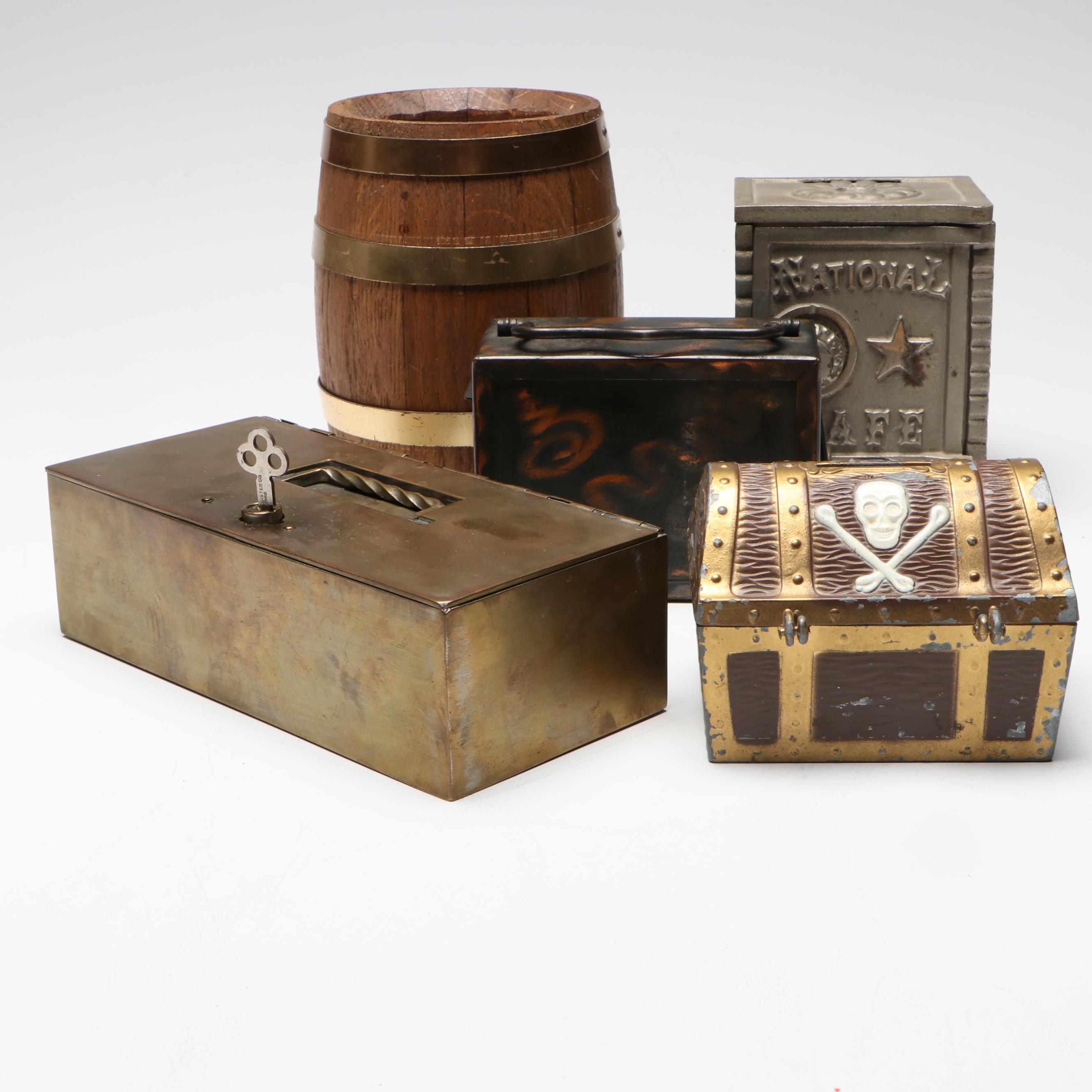 E.J. Kahn Metal Treasure Chest Coin Bank with Other Vintage Banks