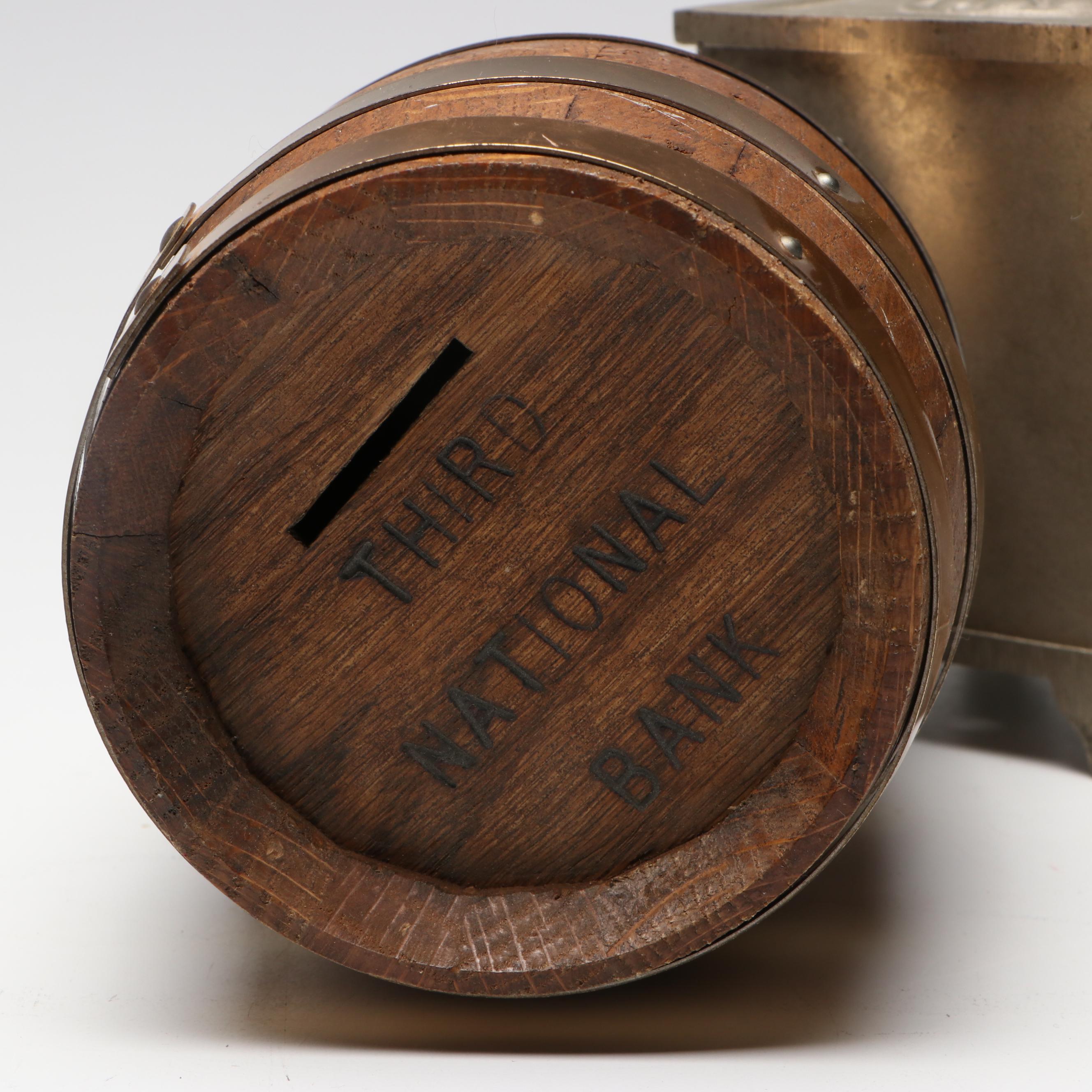 E.J. Kahn Metal Treasure Chest Coin Bank with Other Vintage Banks