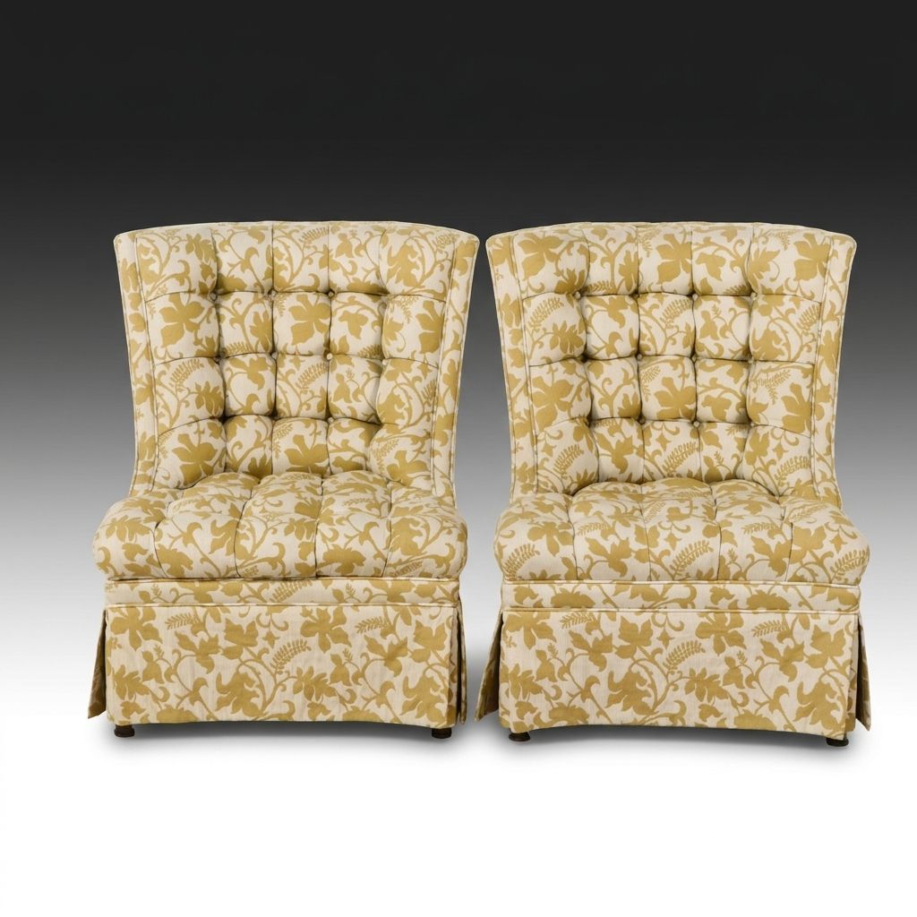 Pair of Hollywood Regency Style Tufted Upholstered Slipper Chairs