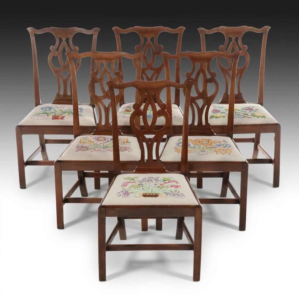 Set of Six George II Style Mahogany Dining Chairs with Needlepoint Seats
