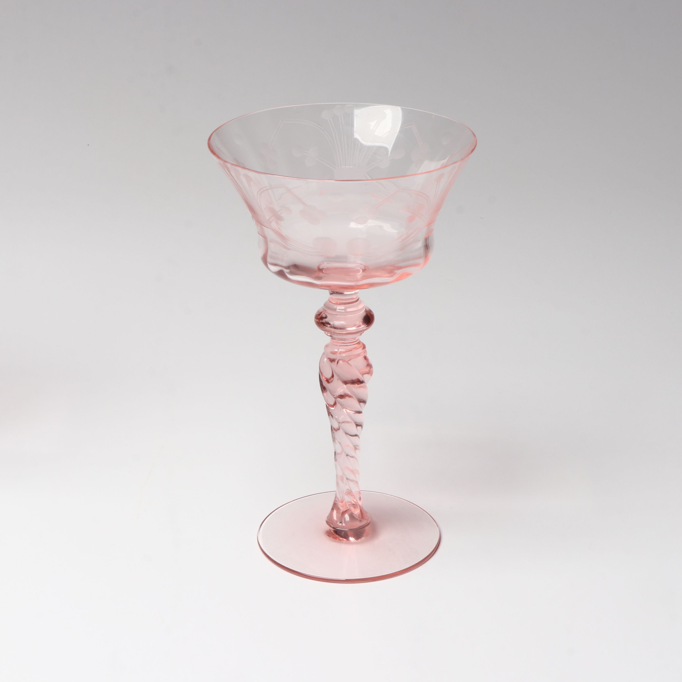 Tiffin-Franciscan Etched Motifs with Twisted Stem Pink Art Glassware