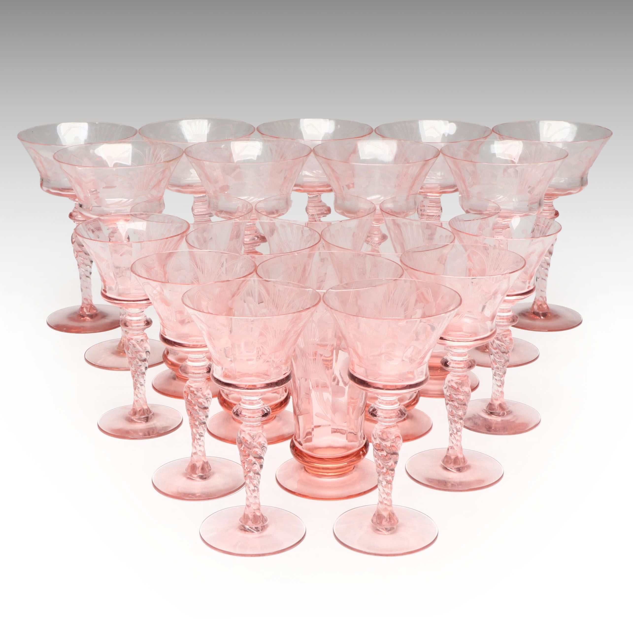 Tiffin-Franciscan Etched Motifs with Twisted Stem Pink Art Glassware