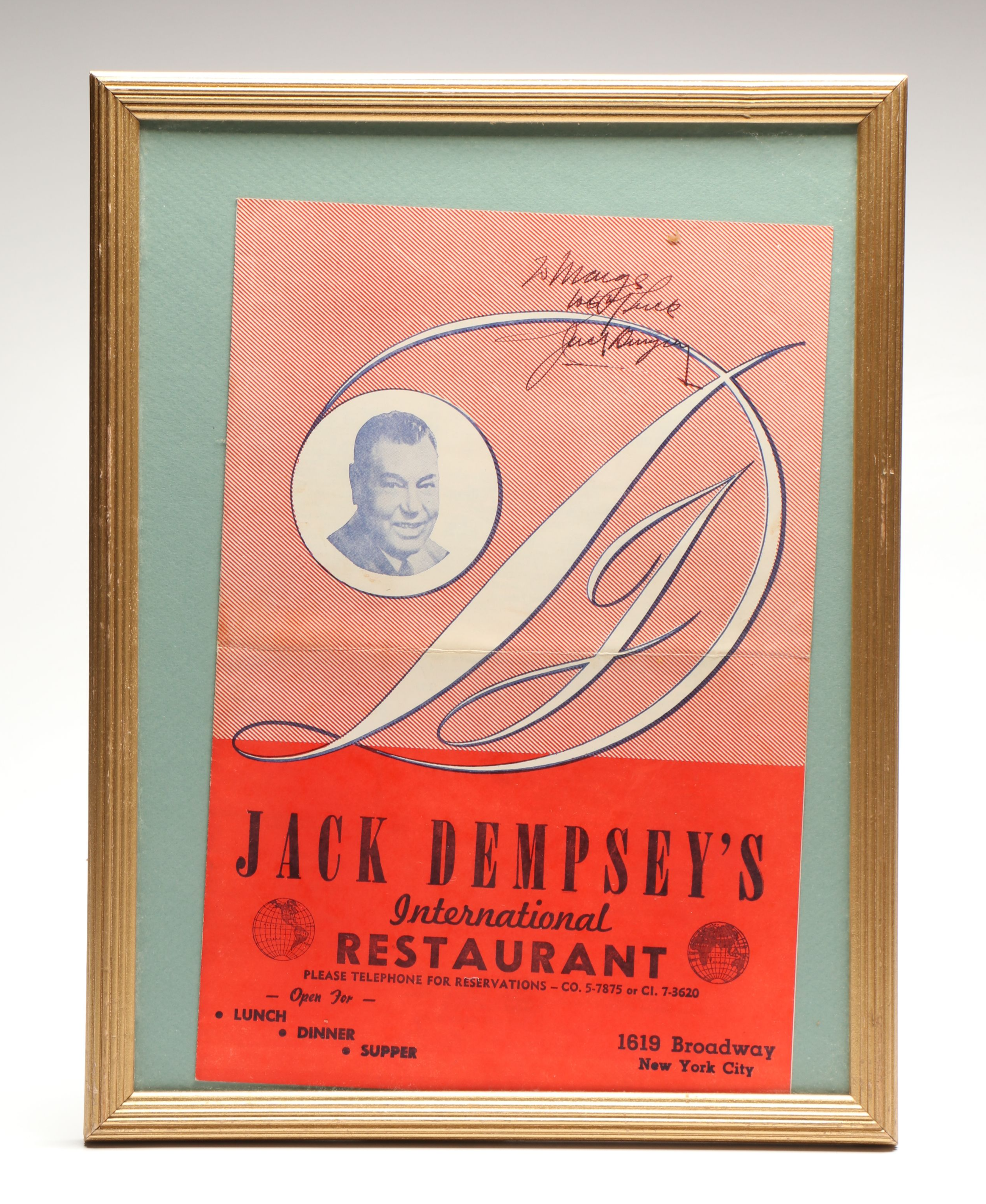 Jack Dempsey Signed Restaurant Flyer with Bing Crosby and Roy Rogers Signatures