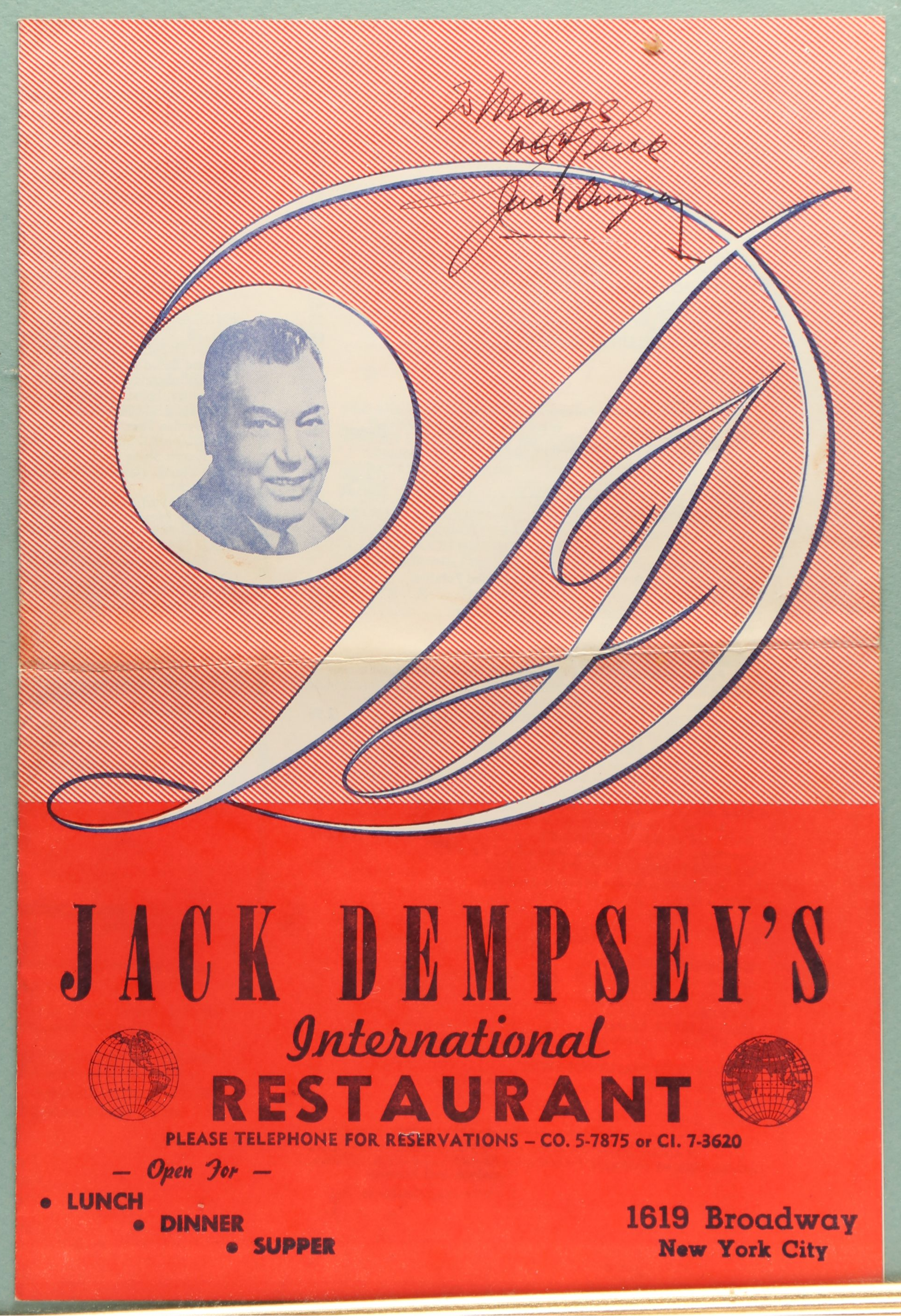 Jack Dempsey Signed Restaurant Flyer with Bing Crosby and Roy Rogers Signatures