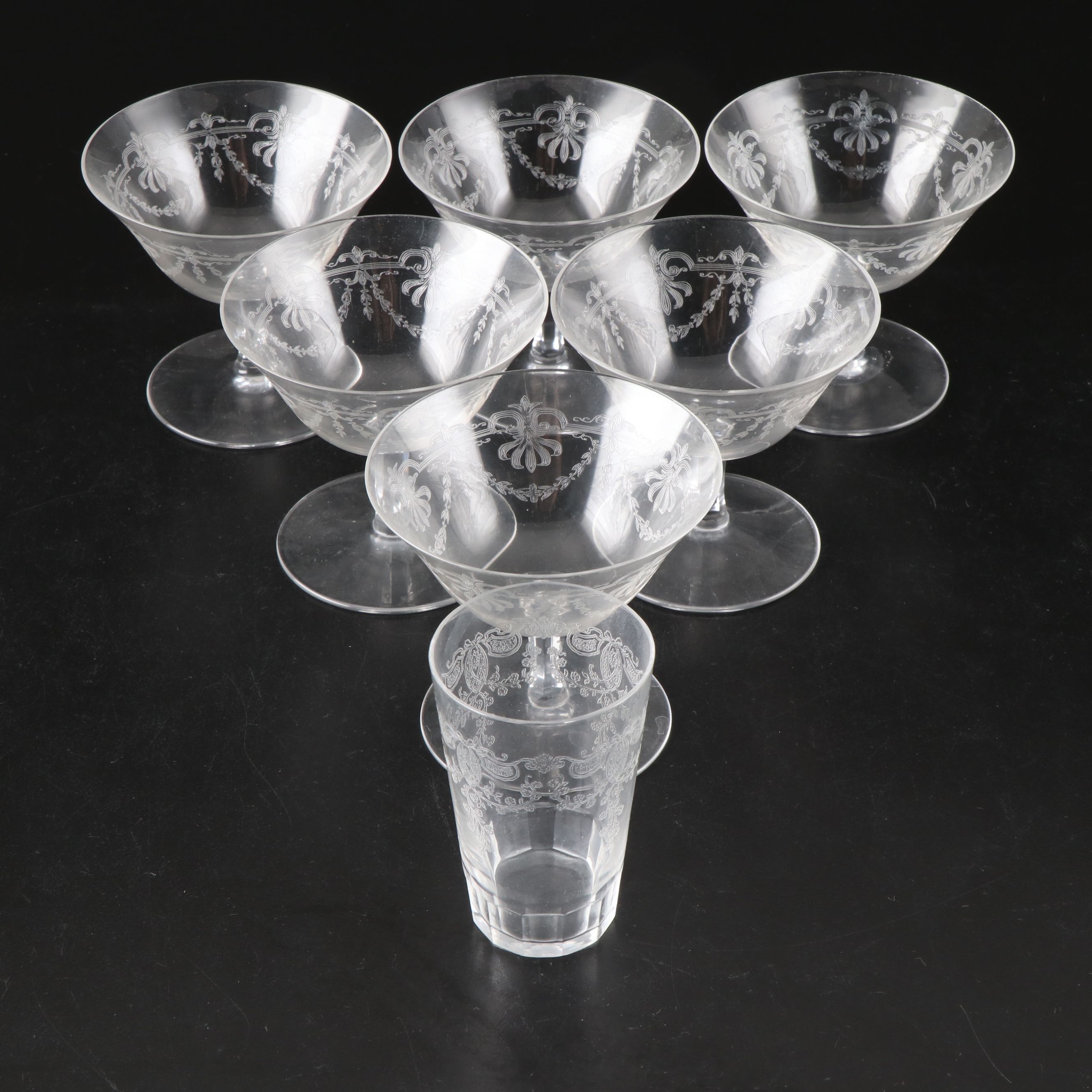 Etched Glass Low Sherbet Glasses and Short Tumbler