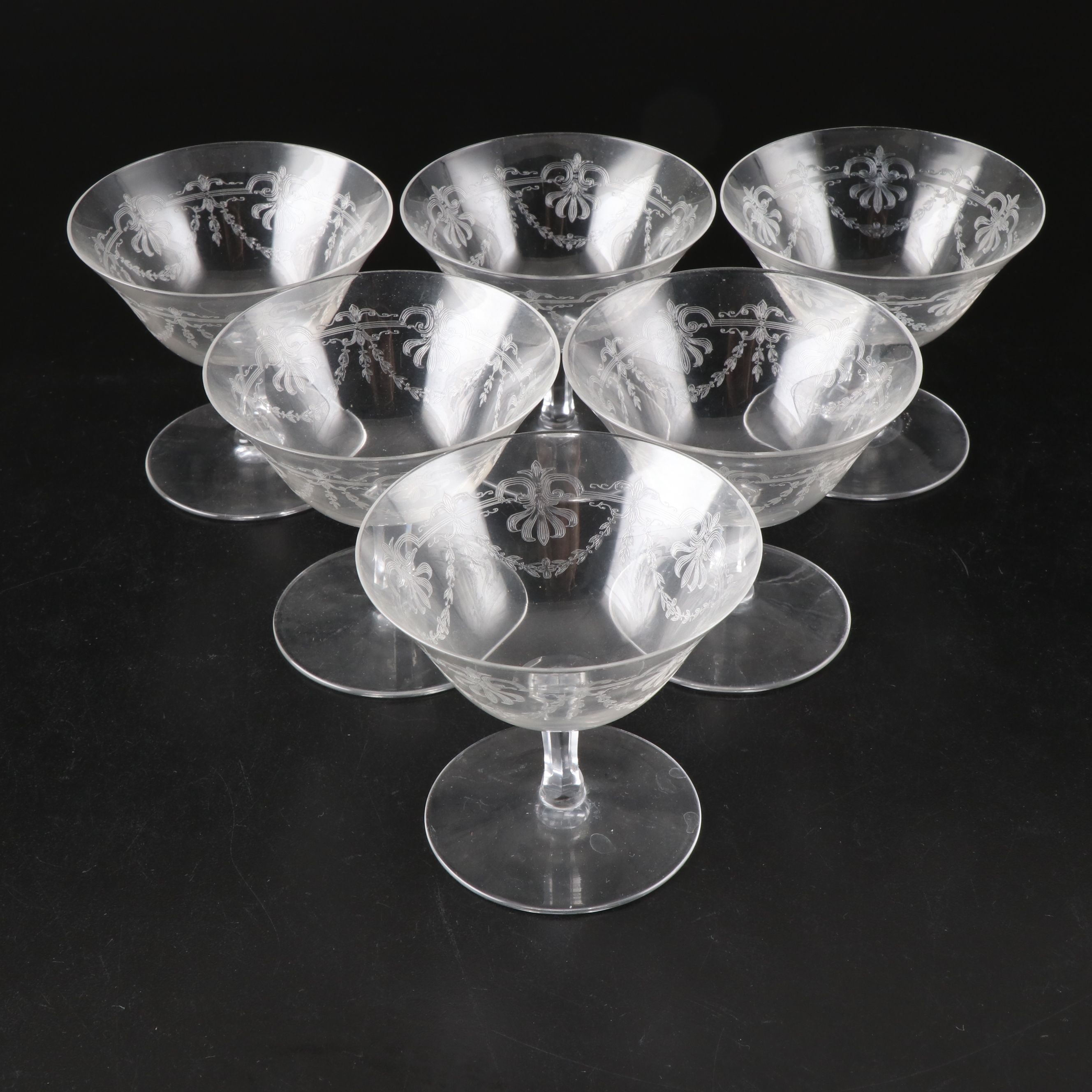 Etched Glass Low Sherbet Glasses and Short Tumbler