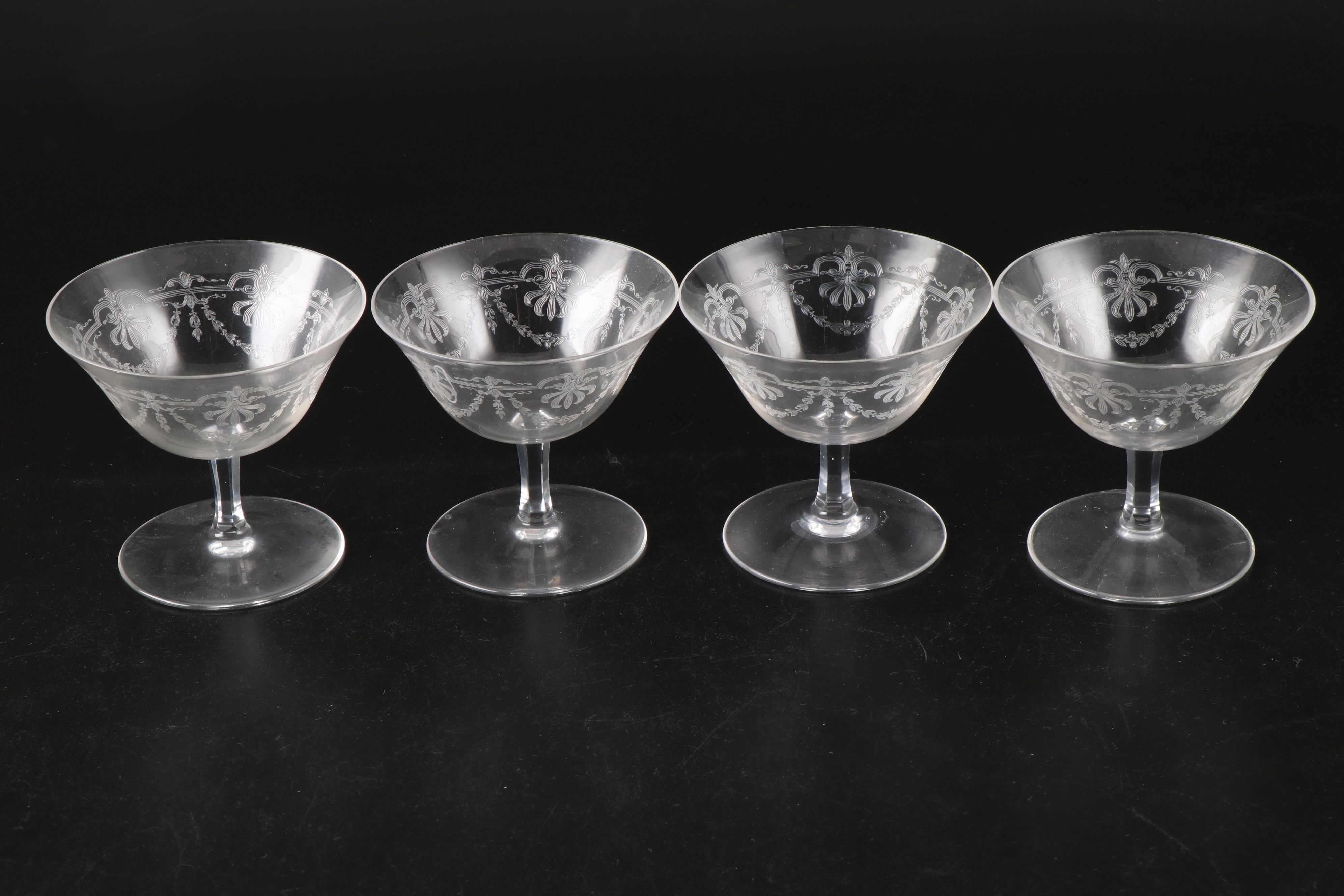 Etched Glass Low Sherbet Glasses and Short Tumbler