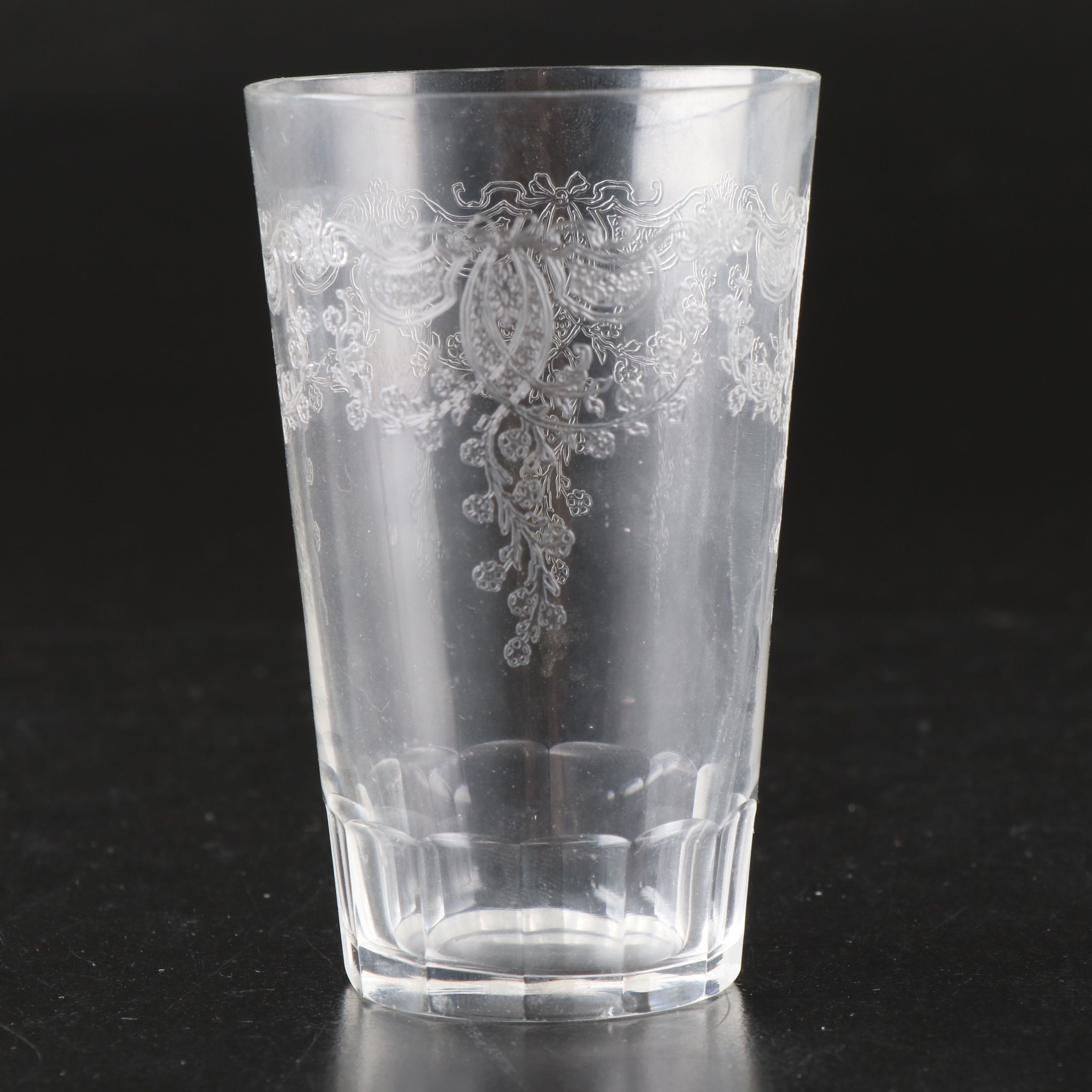 Etched Glass Low Sherbet Glasses and Short Tumbler