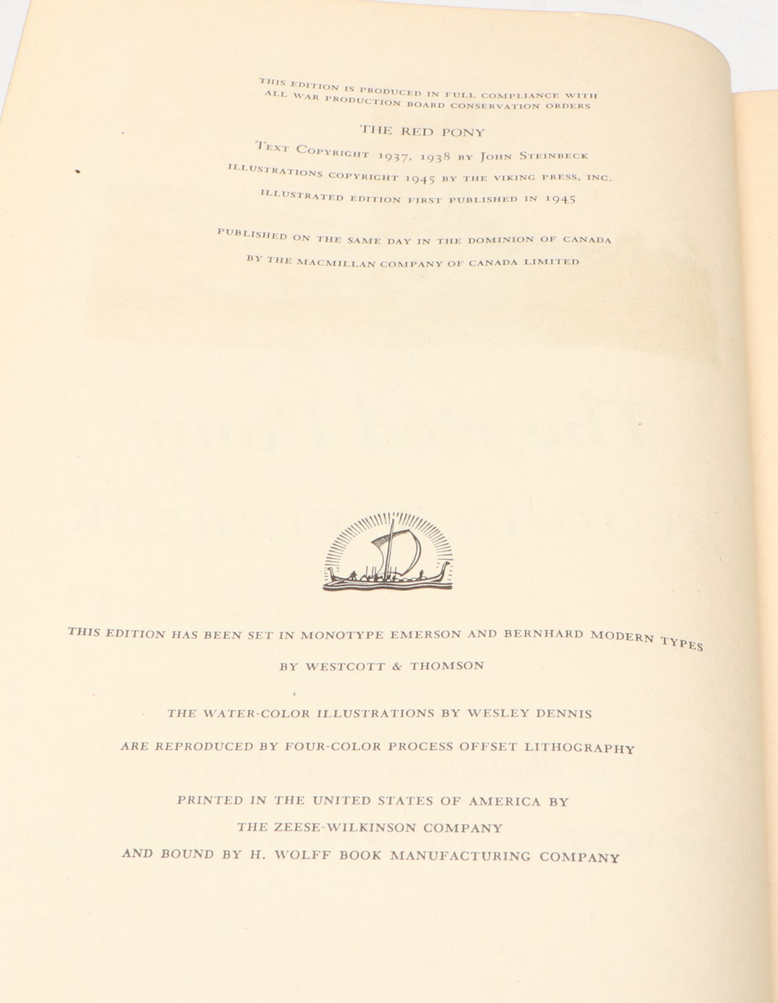 First Illustrated Edition "The Red Pony" by John Steinbeck, 1945