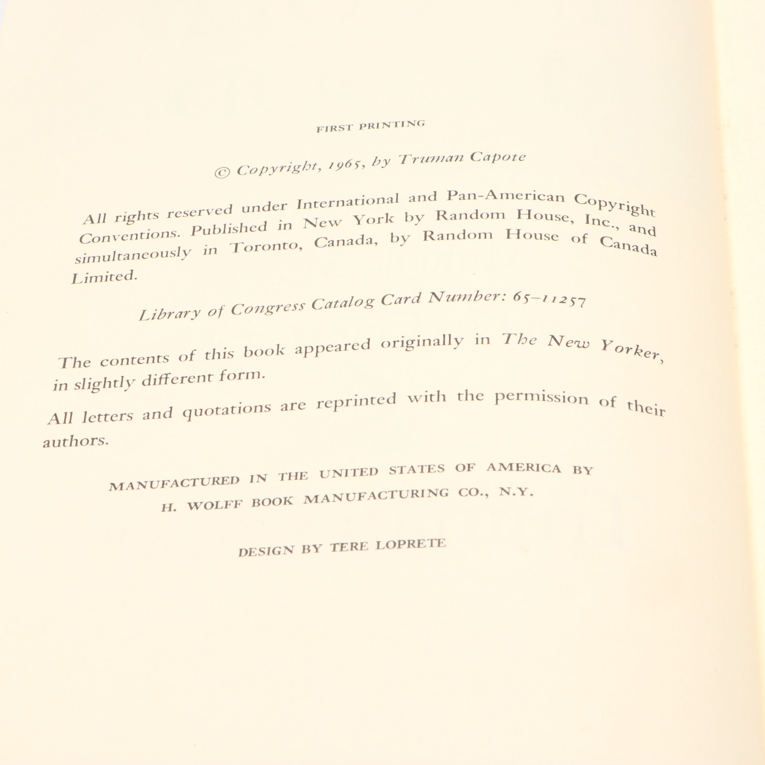 First Printing "In Cold Blood" by Truman Capote, 1966