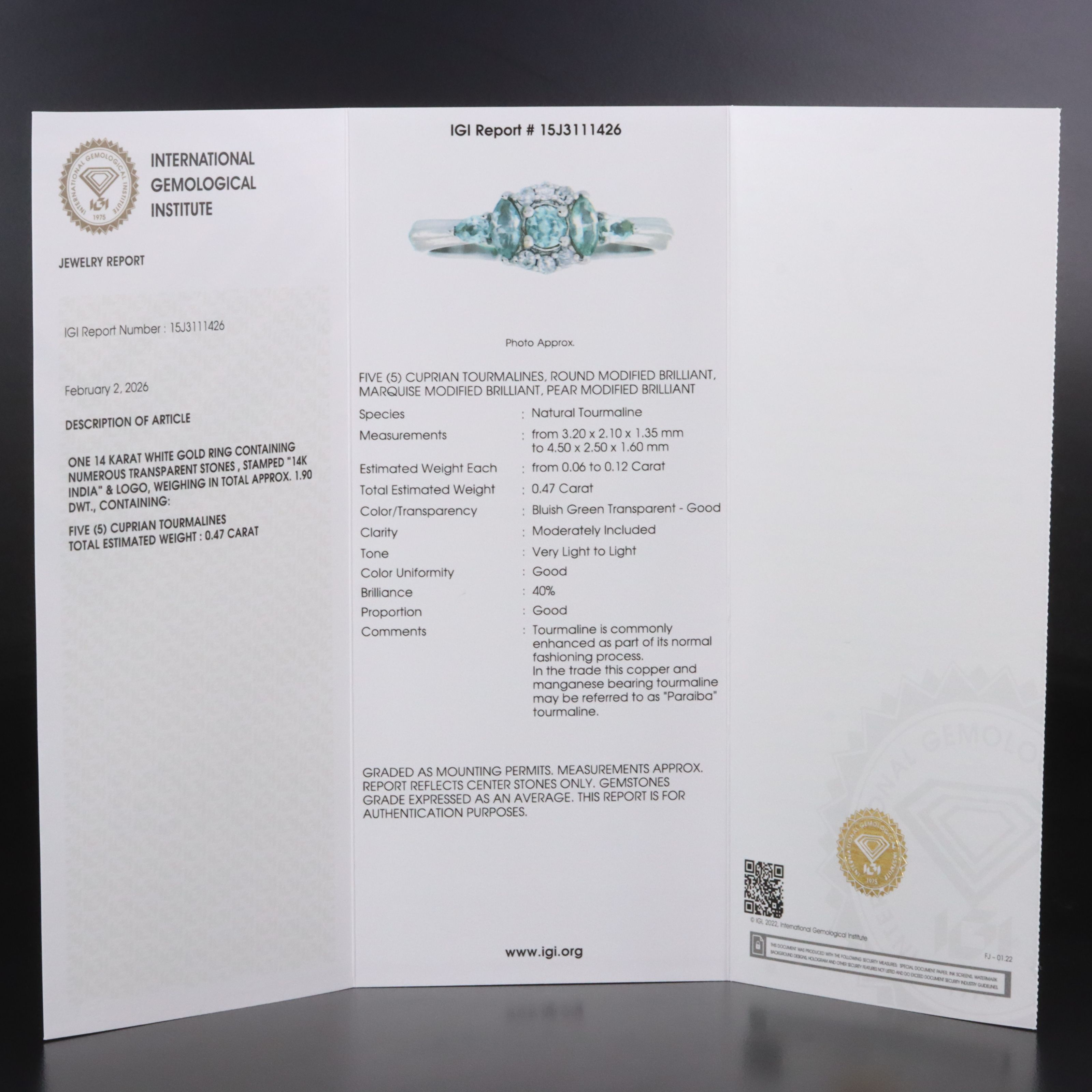 14K Paraiba Tourmaline and Diamond Ring with IGI Jewelry Report