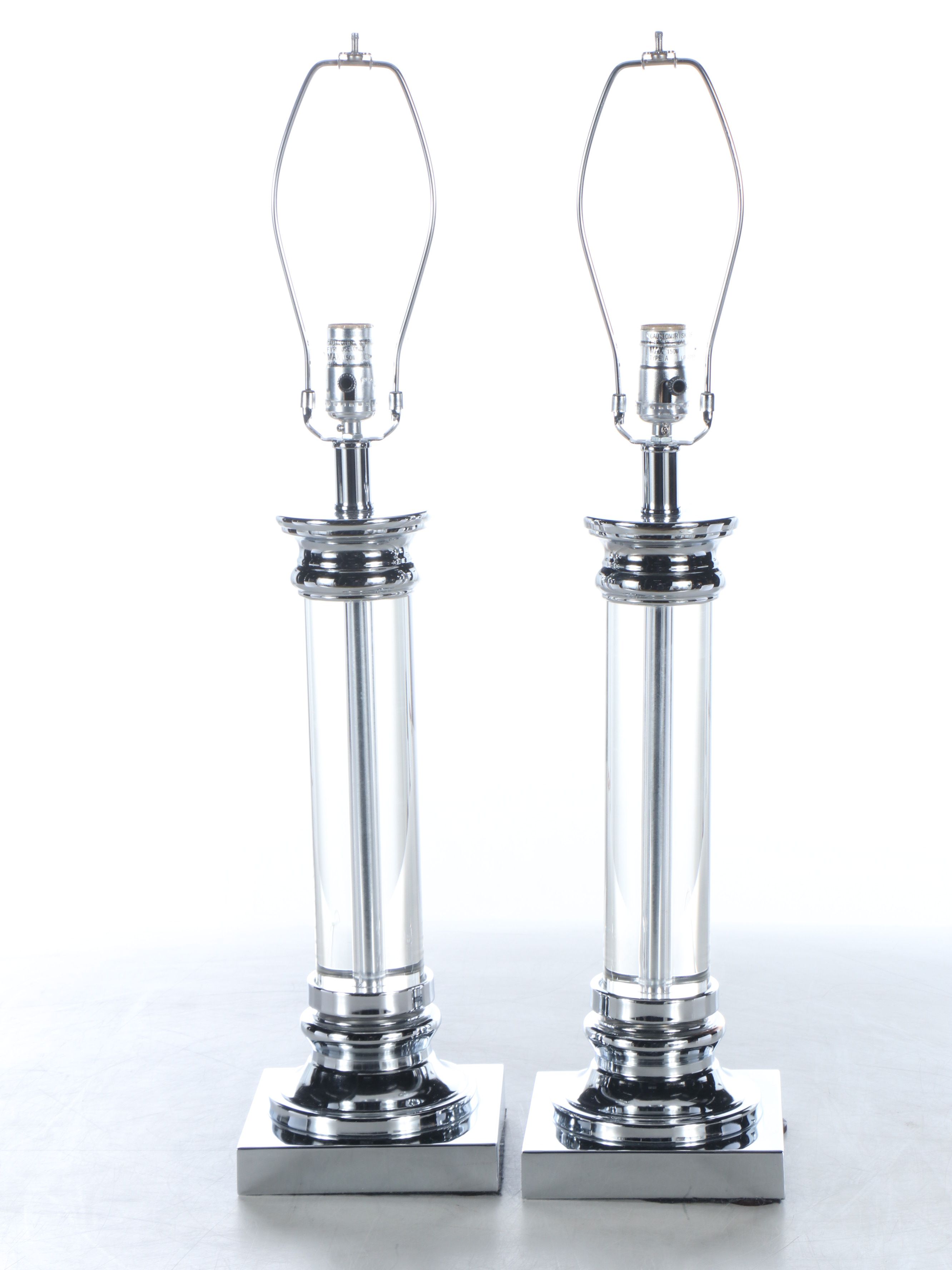 Kichler Chrome and Glass Column Table Lamps with Cotton Drum Shades