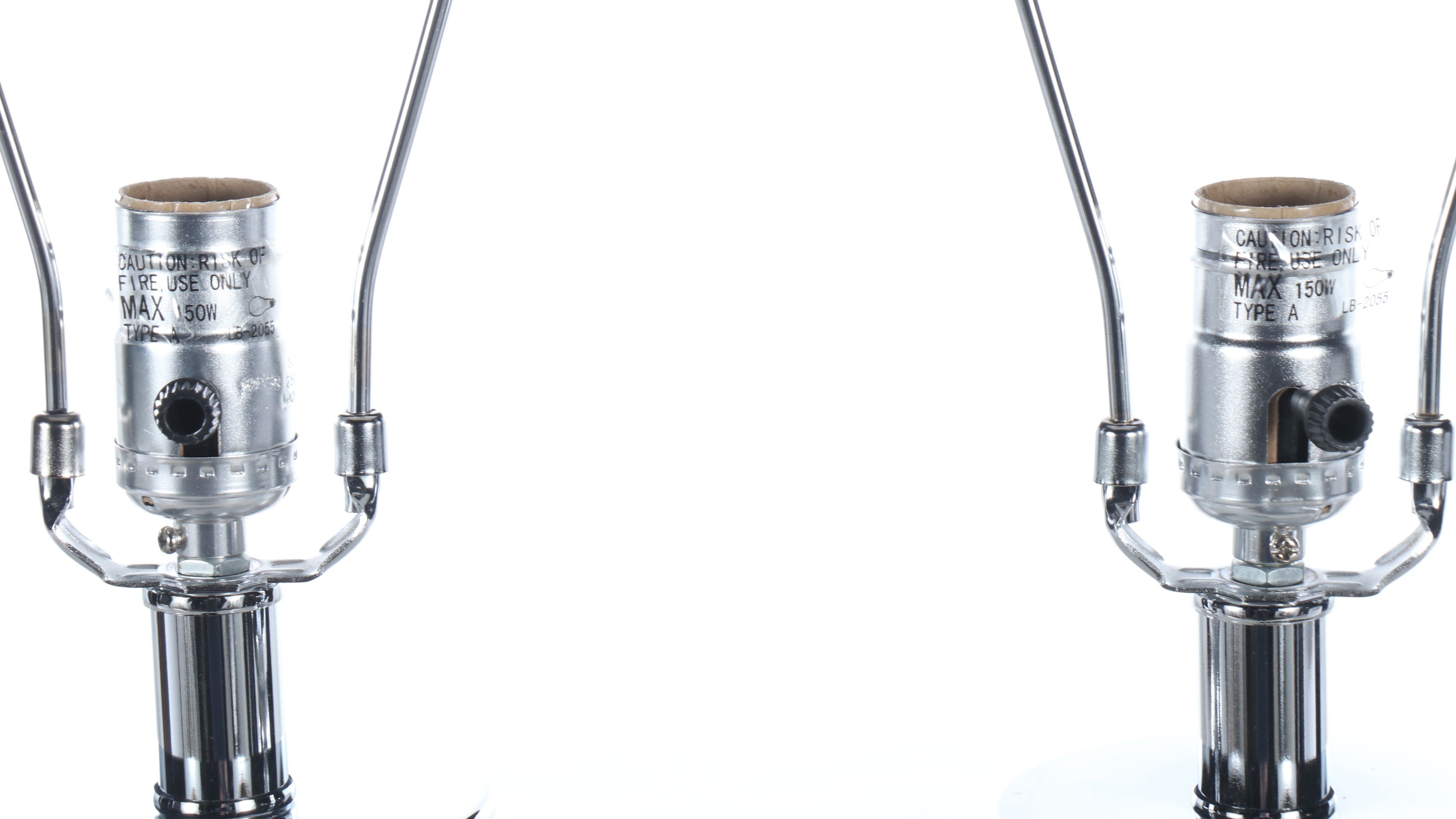 Kichler Chrome and Glass Column Table Lamps with Cotton Drum Shades