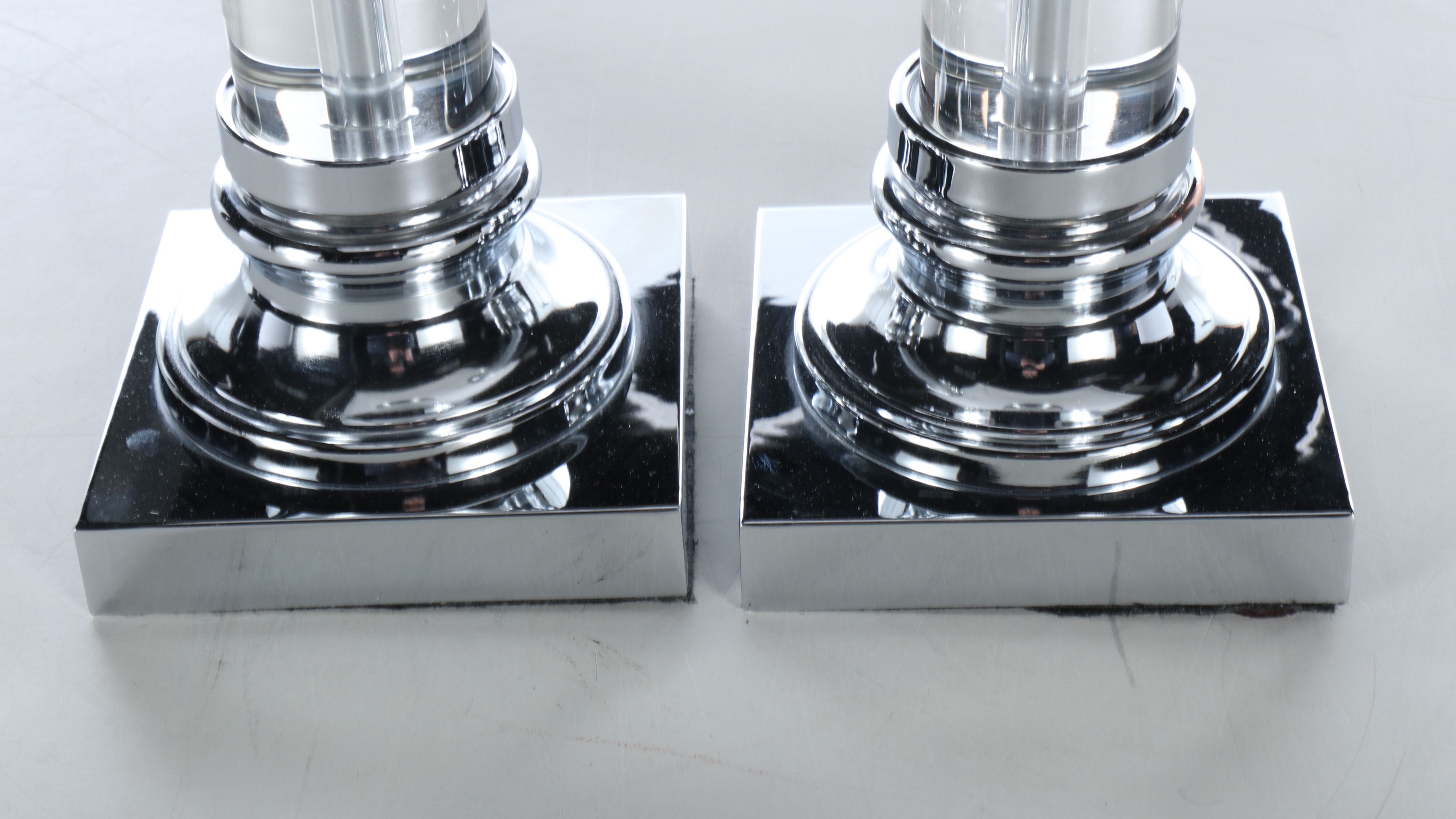 Kichler Chrome and Glass Column Table Lamps with Cotton Drum Shades