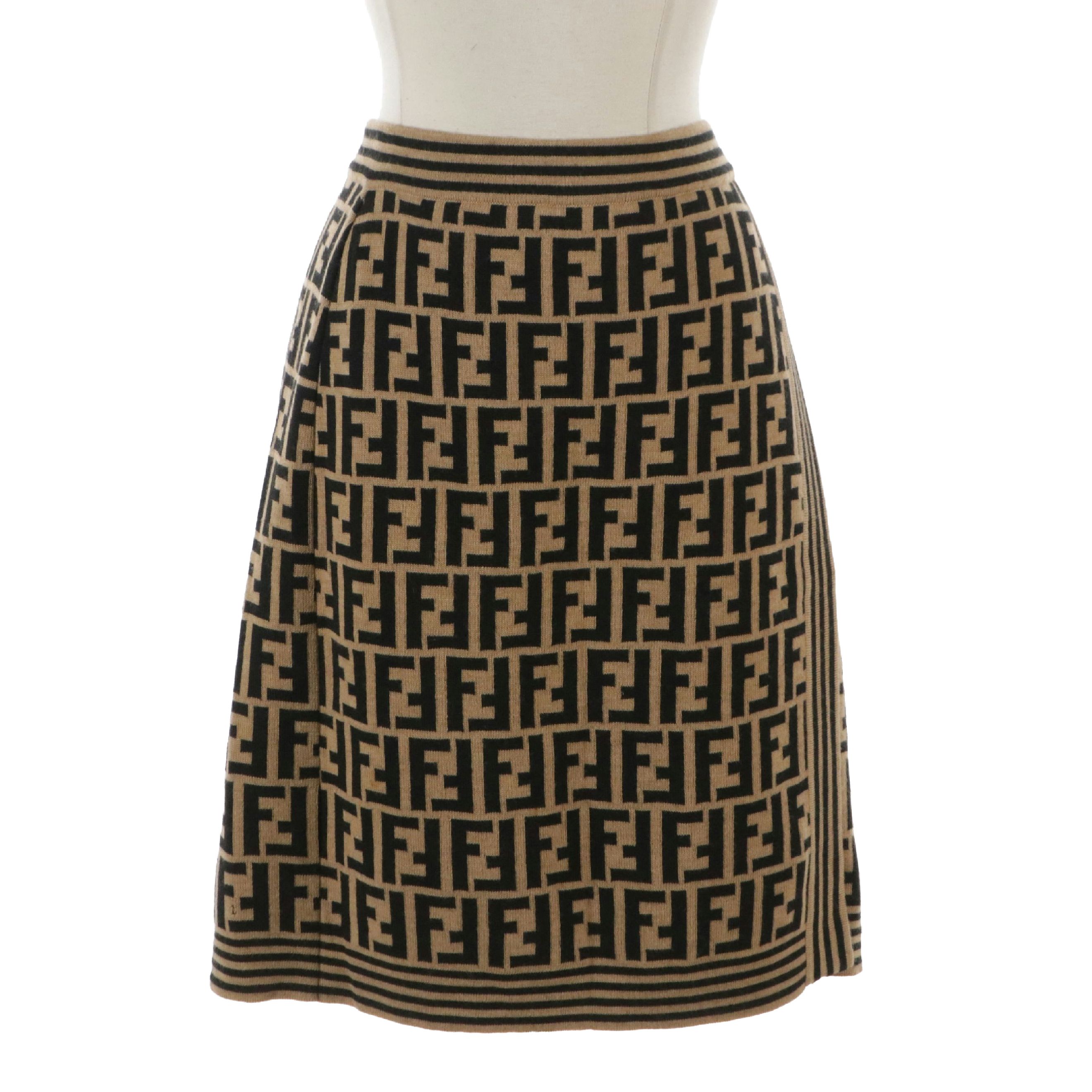 Fendi FF Zucca Logo Wool Wrap Skirt with Elastic Waistline